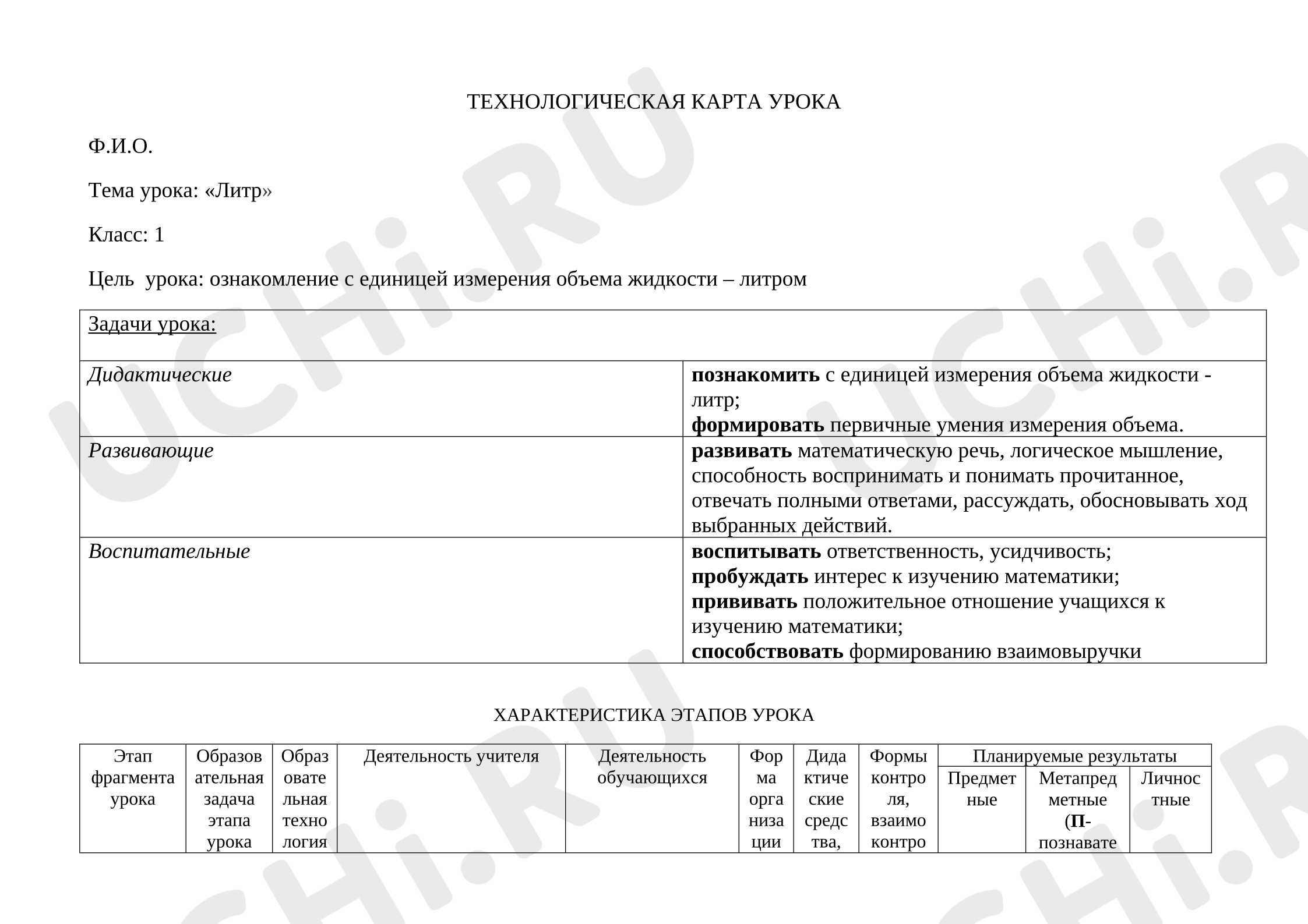 Предпросмотр материала Конспект урока открытия нового знания в 1 классе по математике по теме «Литр»
