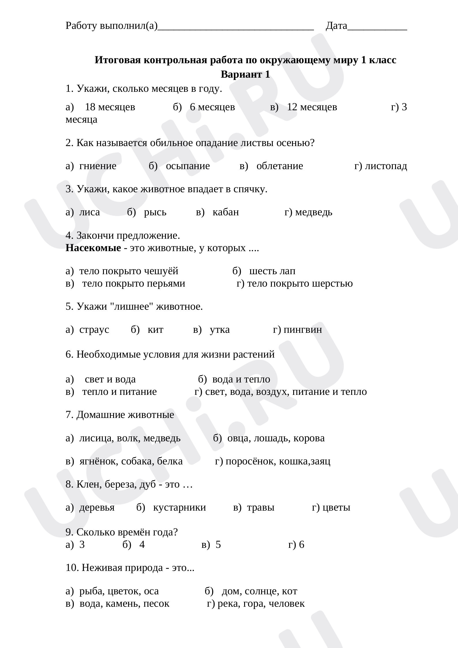 🖍 Проверочная работа по теме “Итоговая работа за год” для 1 класса | Учи.ру