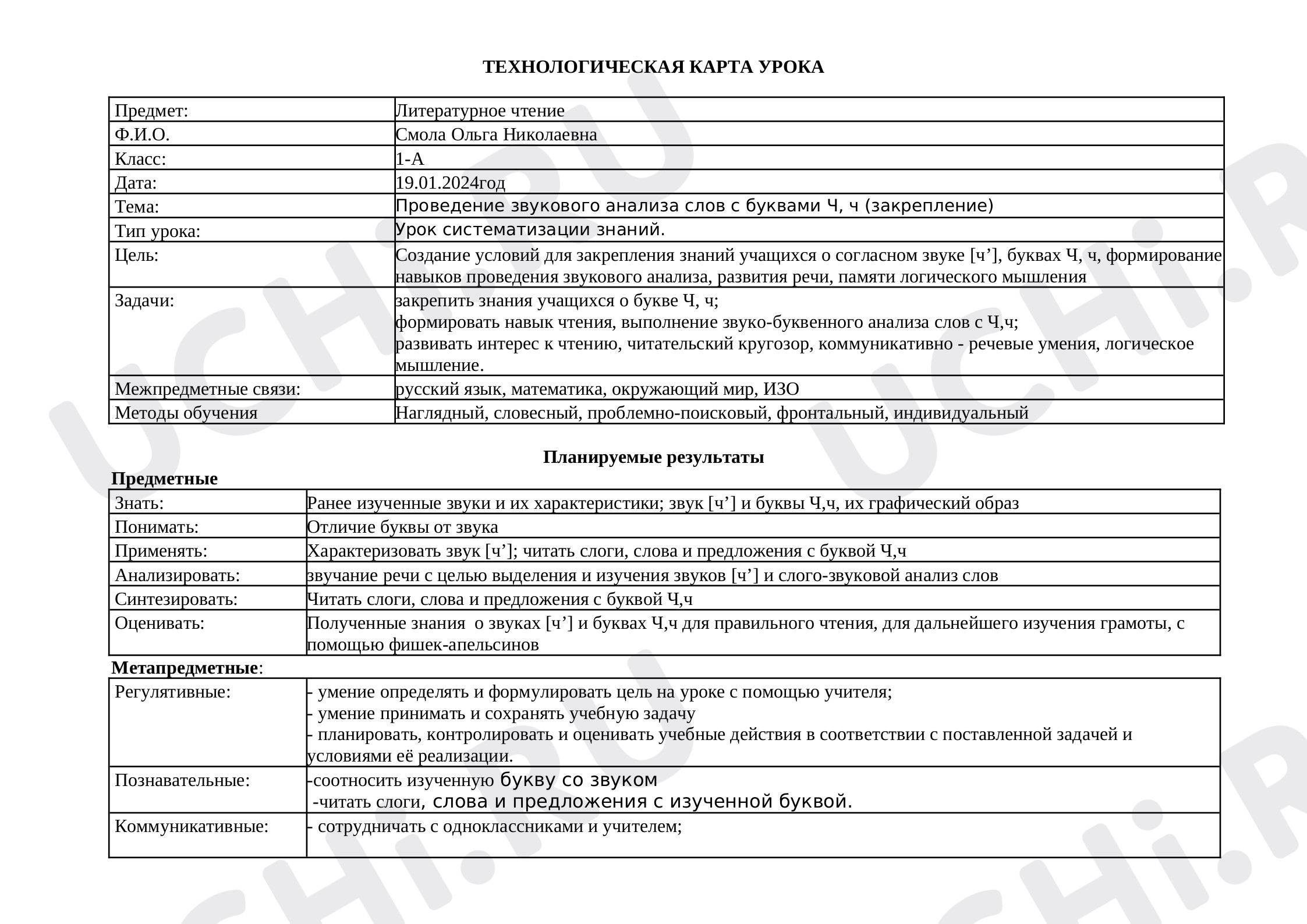 Предпросмотр материала План урока обучения грамоте по теме: Проведение звукового анализа слов с буквами Ч, ч (закрепление)