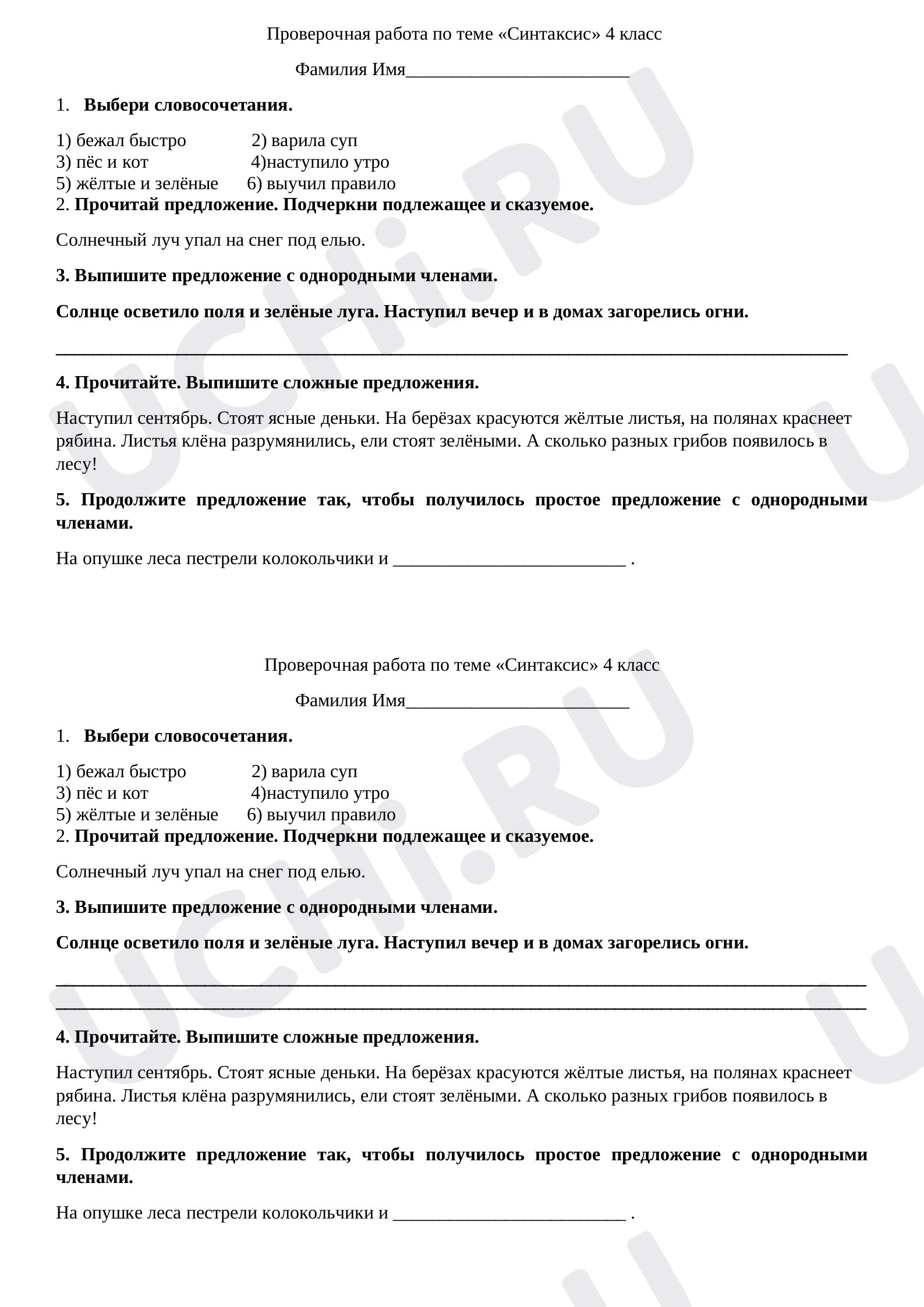 Предпросмотр материала Проверочная работа к уроку русского языка  по теме "Синтаксис"