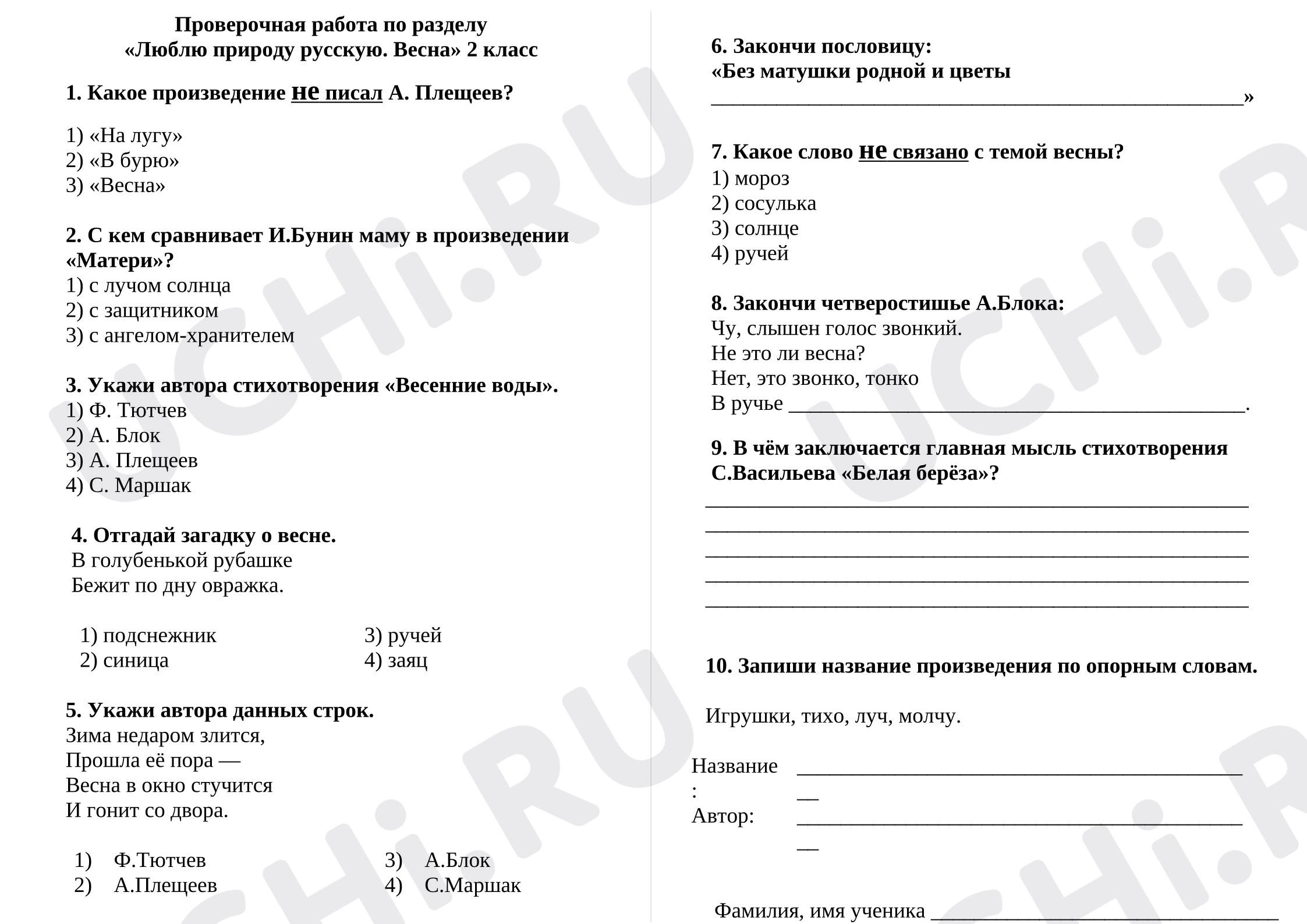 Предпросмотр материала Проверочная работа по литературному чтению «Люблю природу русскую. Весна.»