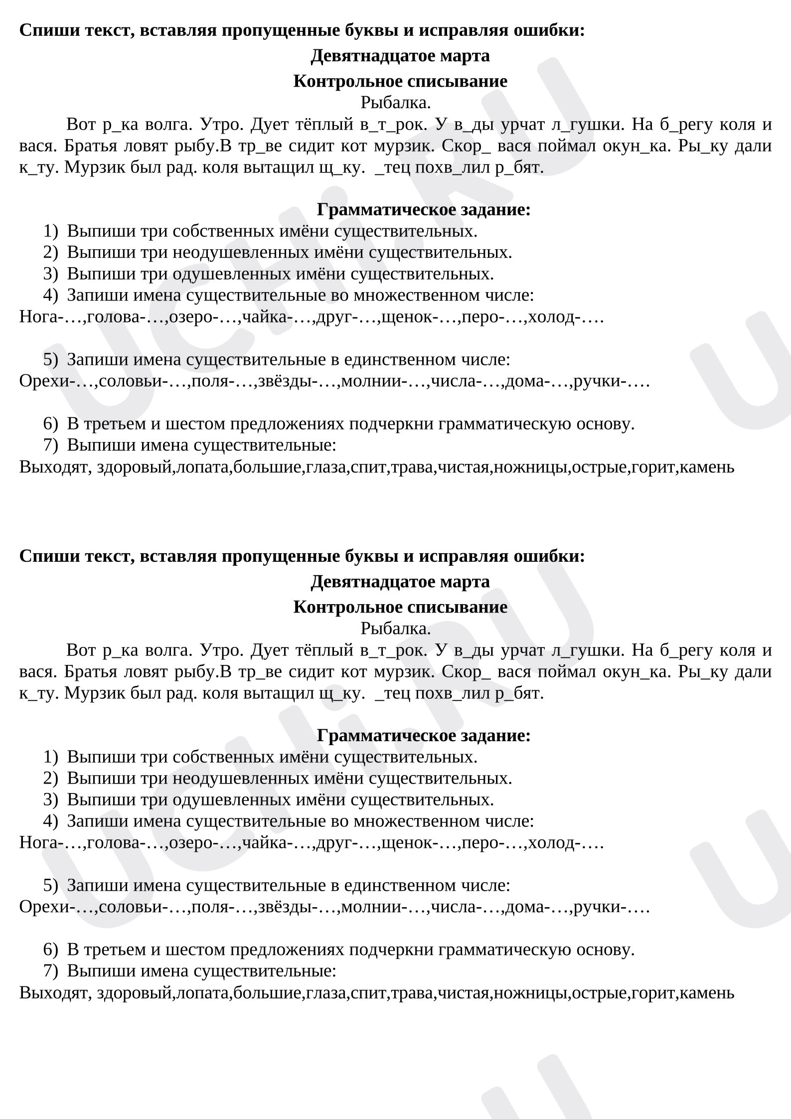 Предпросмотр материала Контрольное списывание. Имя существительное.