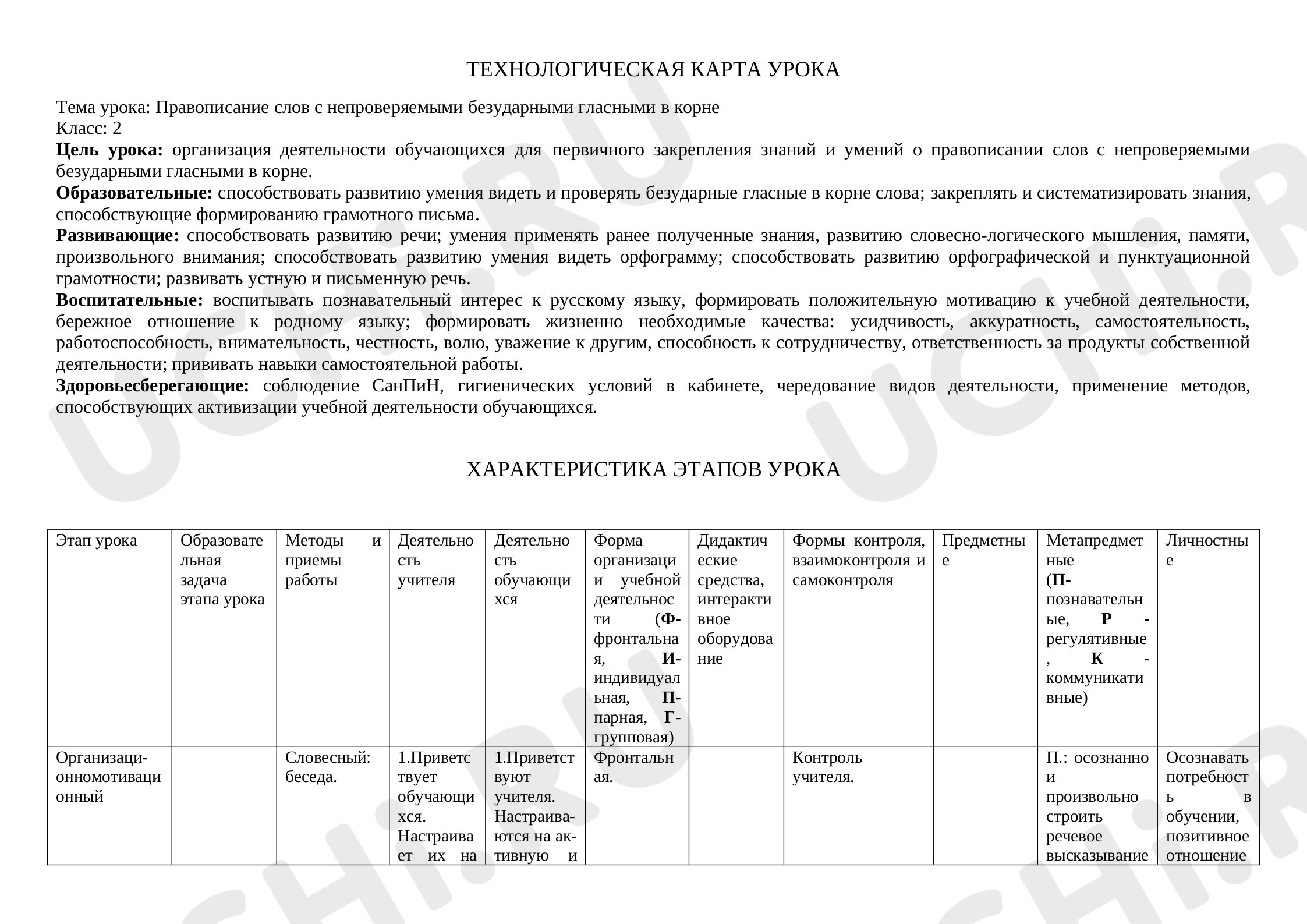 Предпросмотр материала Технологическая карта урока по русскому языку. Тема: Правописание слов с непроверяемыми безударными гласными в корне Класс: 2