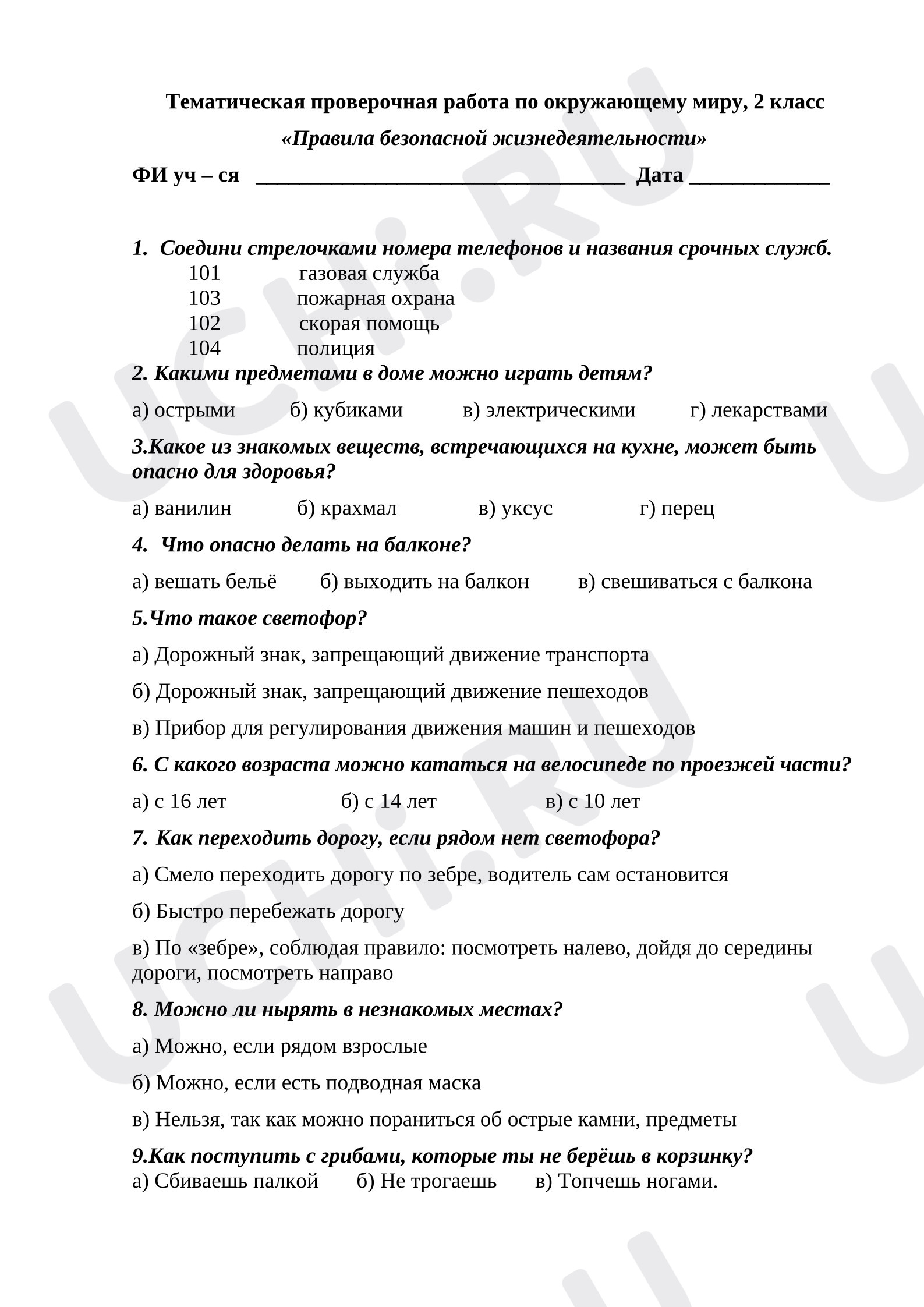 Предпросмотр материала Тематическая проверочная работа по окружающему миру, 2 класс «Правила безопасной жизнедеятельности»