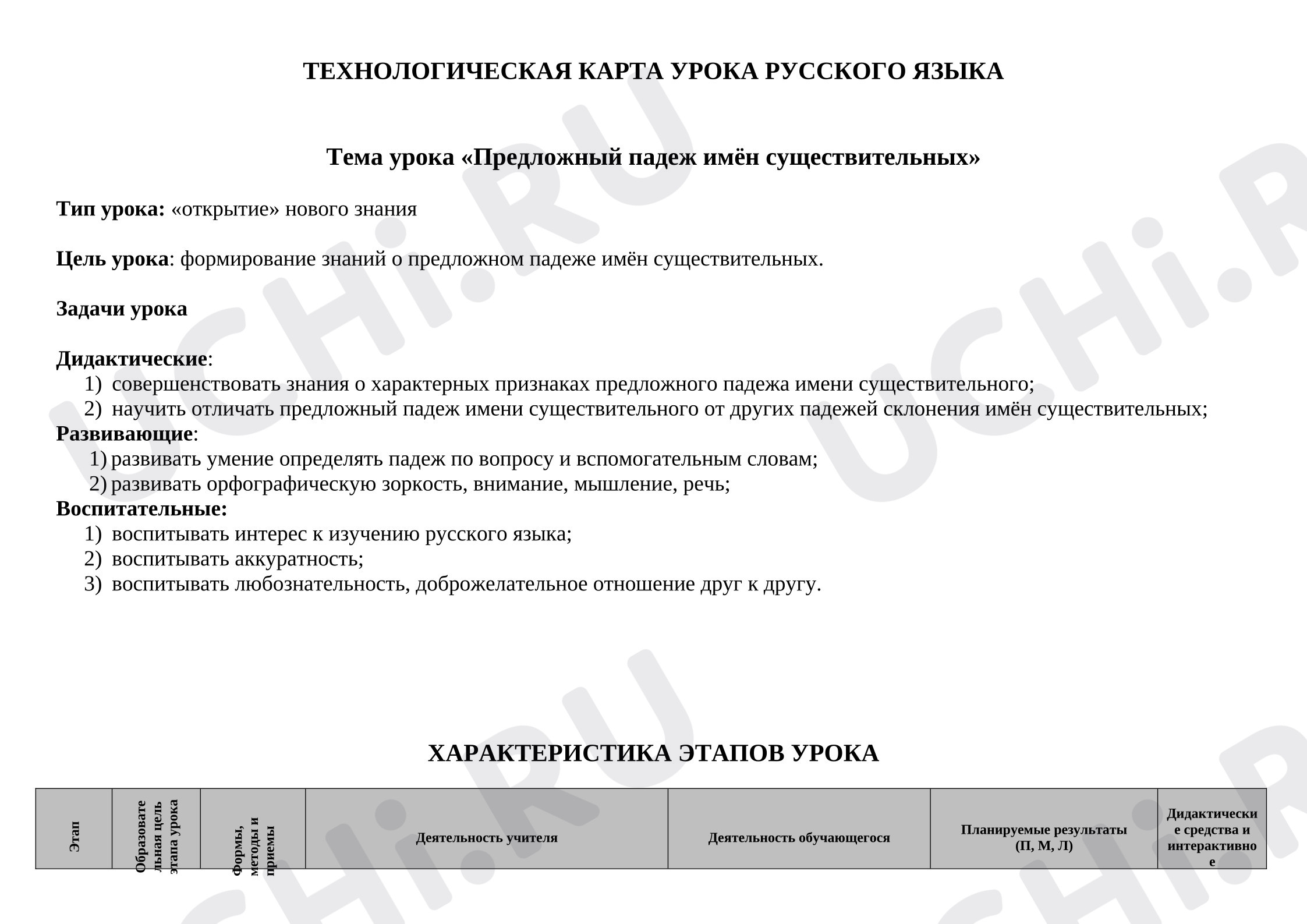 Предпросмотр материала Технологическая карта урока русского языка "Предложный падеж существительных"