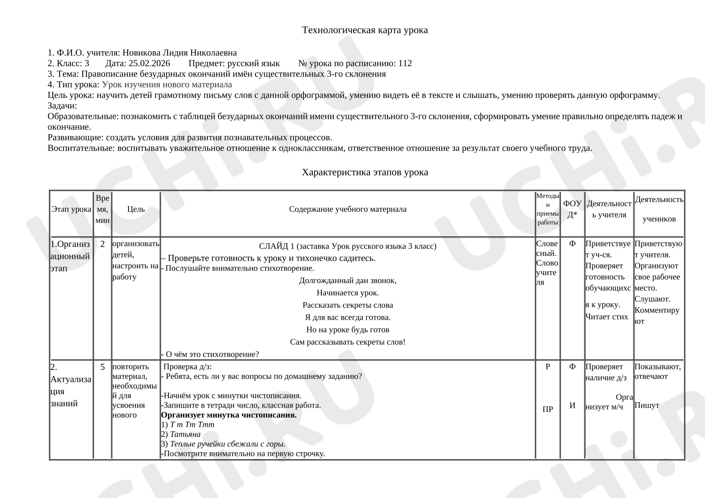Предпросмотр материала Технологическая карта урока русского языка. Правописание безударных окончаний существительных 3-го склонения.