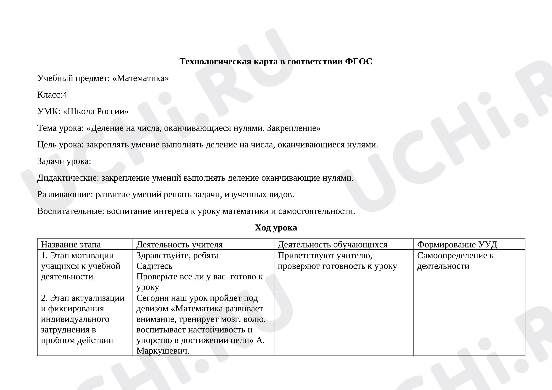 Предпросмотр материала Технологическая карта урока математики. Деление на числа, оканчивающиеся нулями. Закрепление.