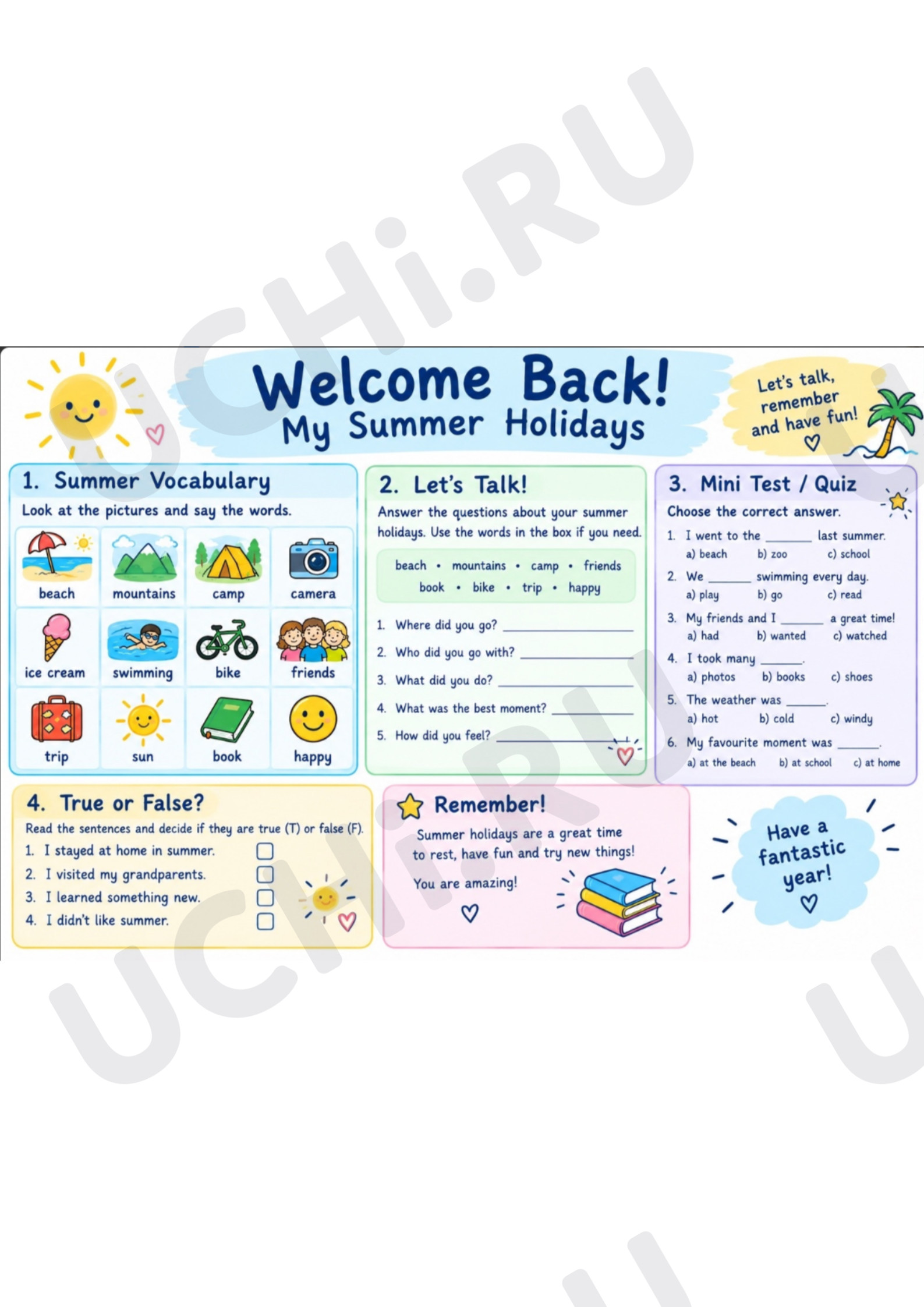 Предпросмотр материала Рабочий лист к уроку английского языка. Welcome Back! My Summer Holidays.