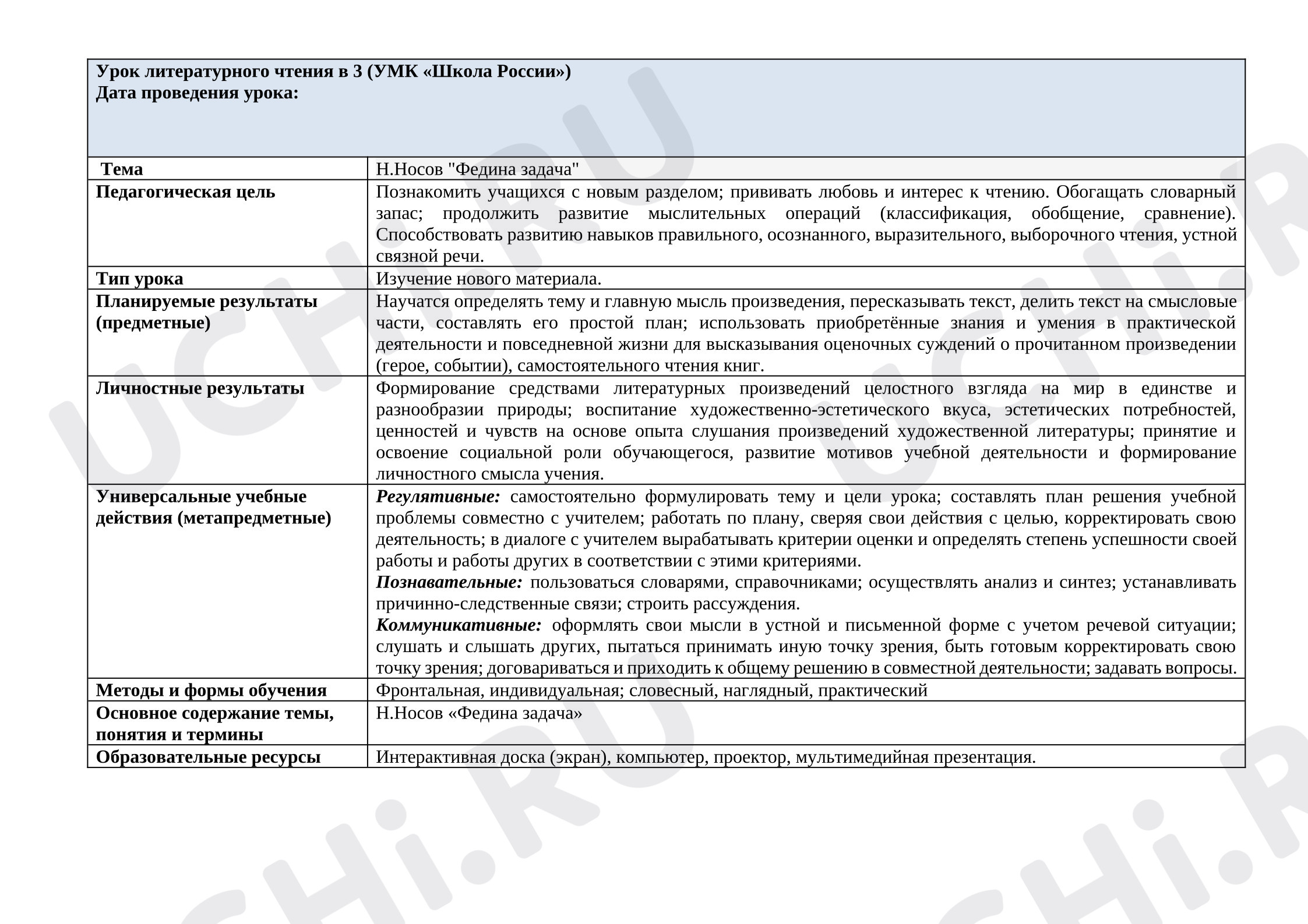 Предпросмотр материала Технологическая карта урока литературного чтения по теме: Федина задача