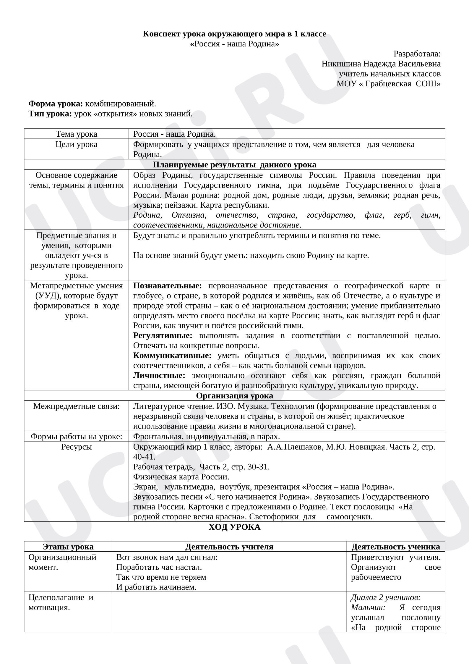 Предпросмотр материала План урока окружающего мира по теме: Россия -Родина моя