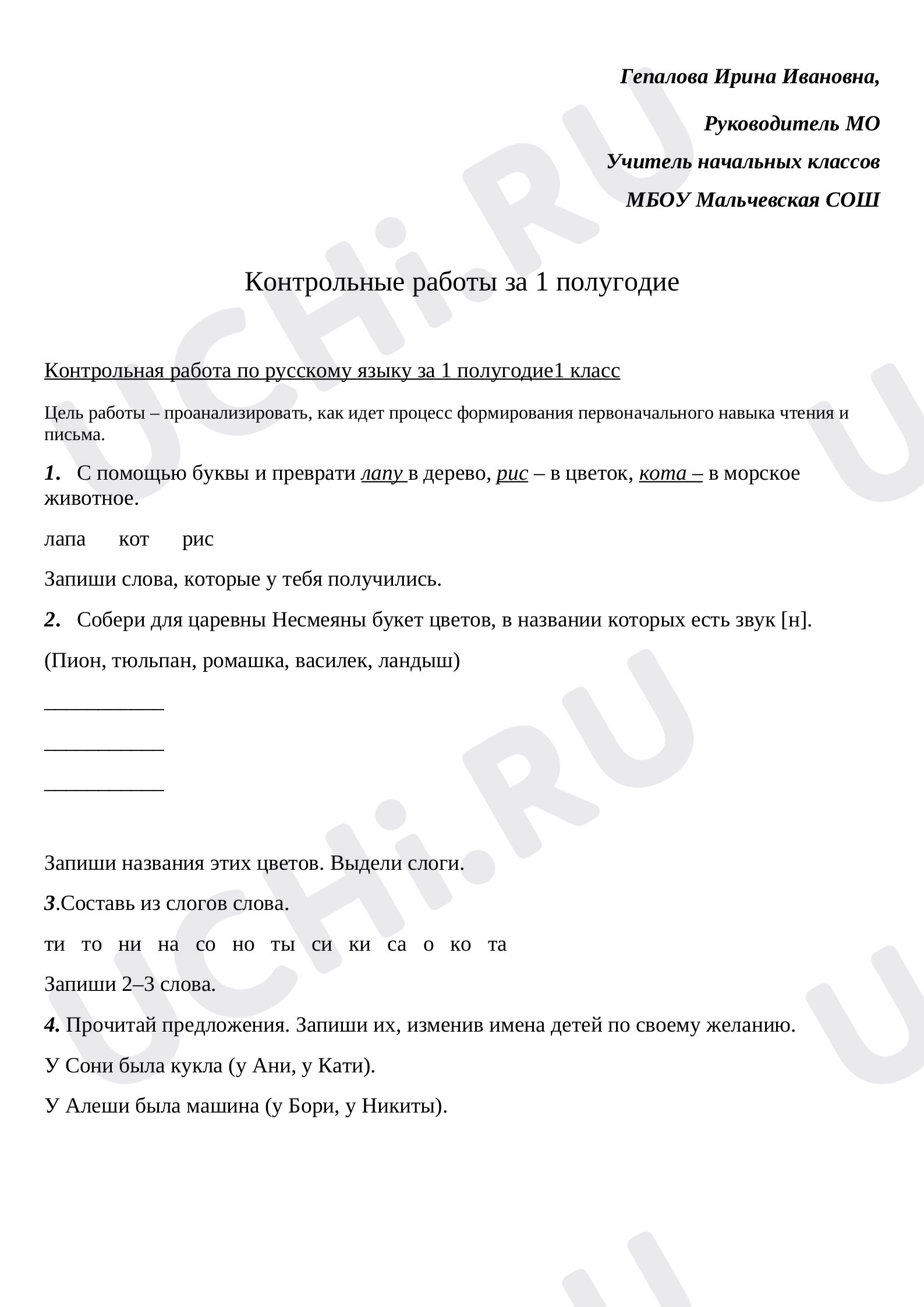 Предпросмотр материала Контрольная работа по русскому языку  за 1 полугодие
