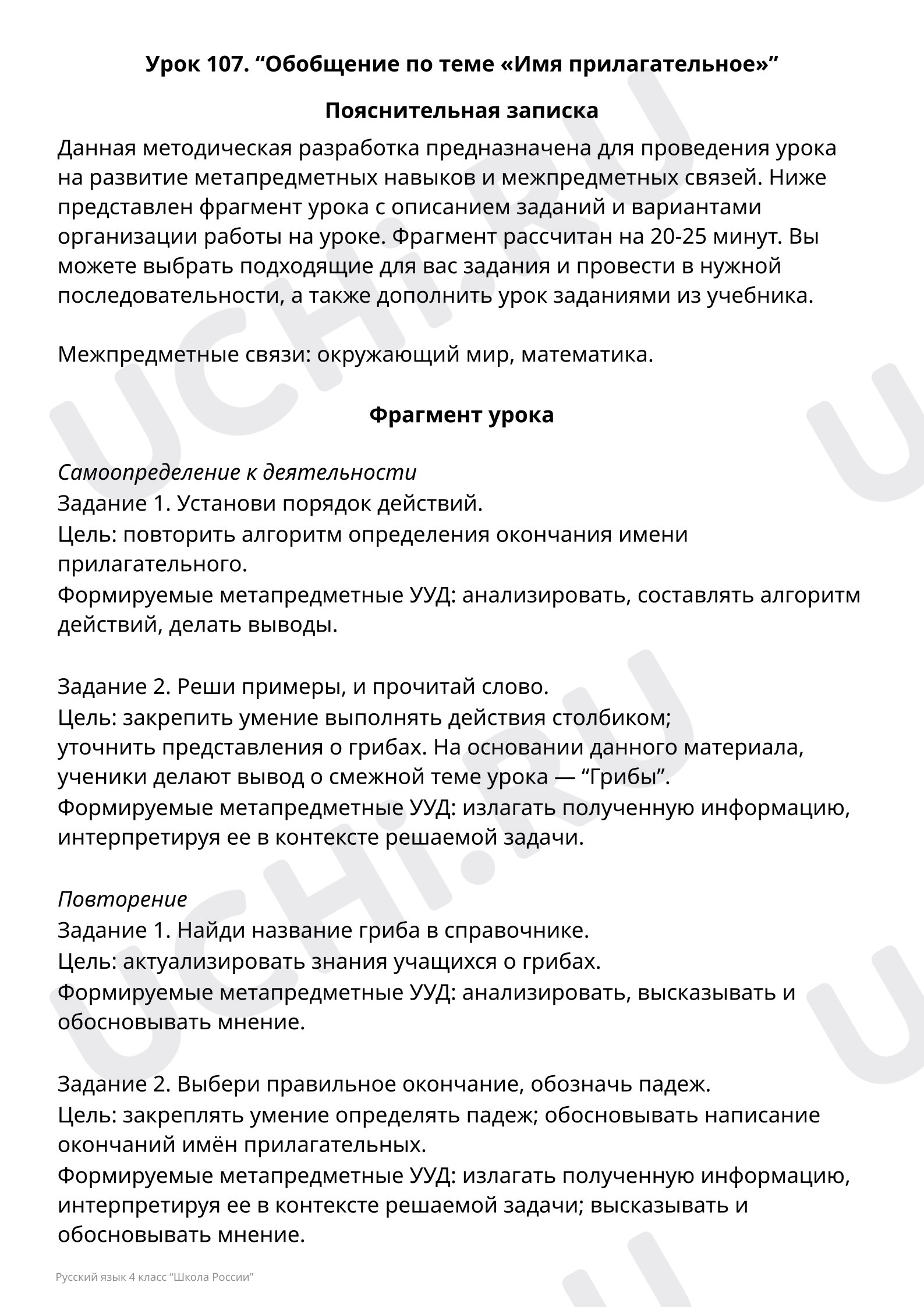 Пояснительная записка учителю: Обобщение по теме «Имя прилагательное» |  Учи.ру