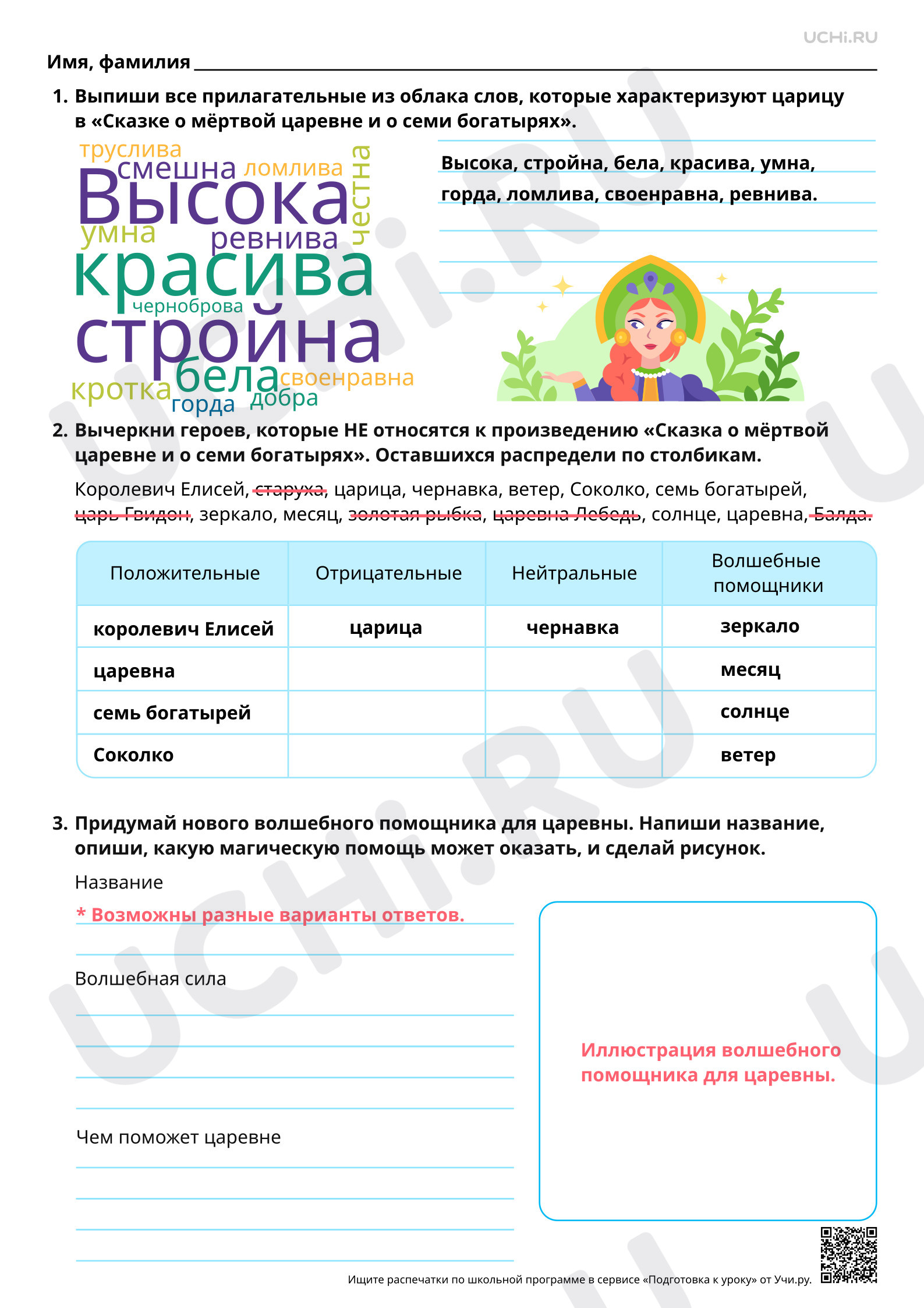 Предпросмотр материала Характеристика положительных и отрицательных героев, волшебные помощники в сказке А. С. Пушкина «Сказка о мёртвой царевне и о семи богатырях». Ответы