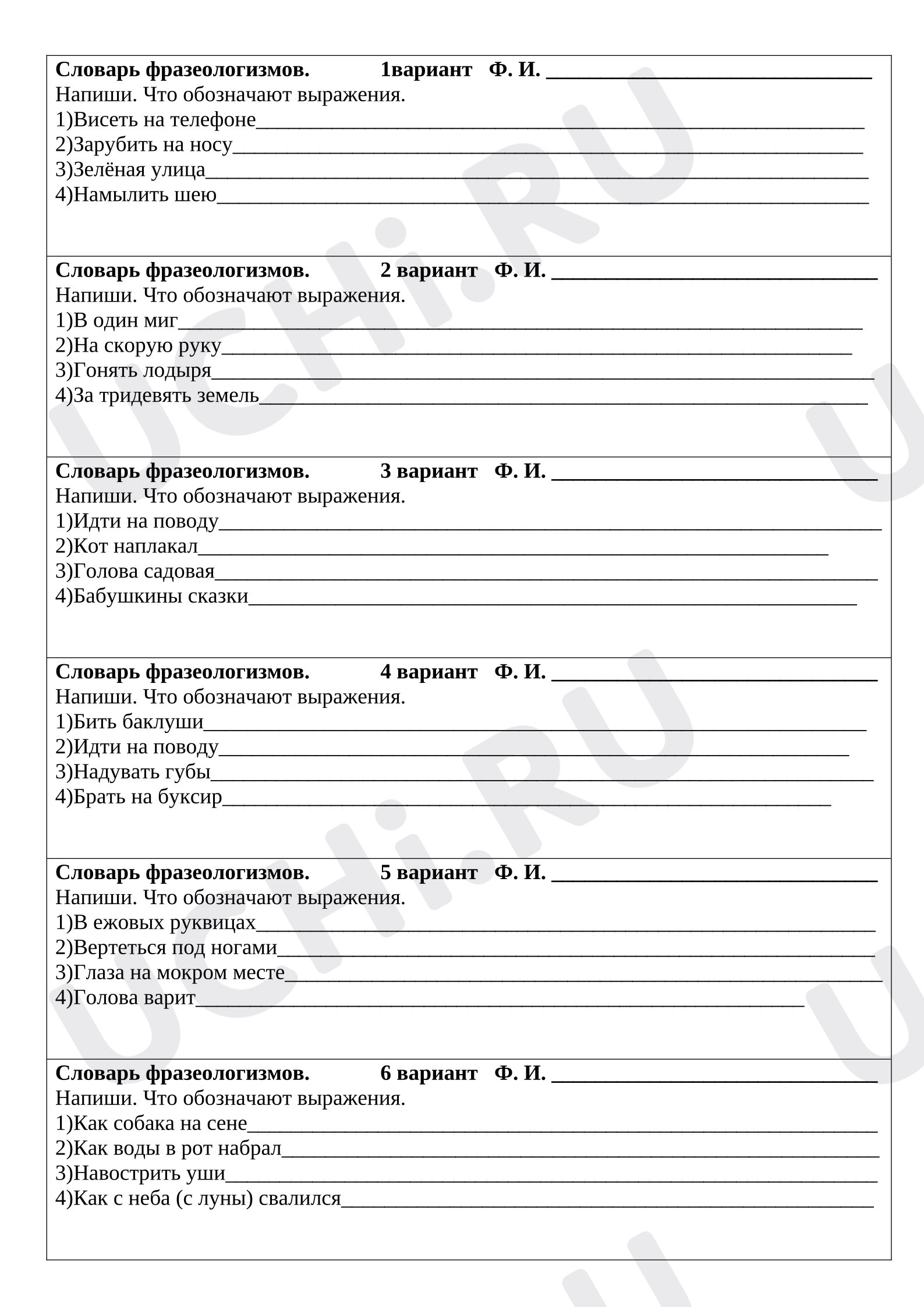 Предпросмотр материала Проверочная работа по русскому языку. Словарь фразеологизмов