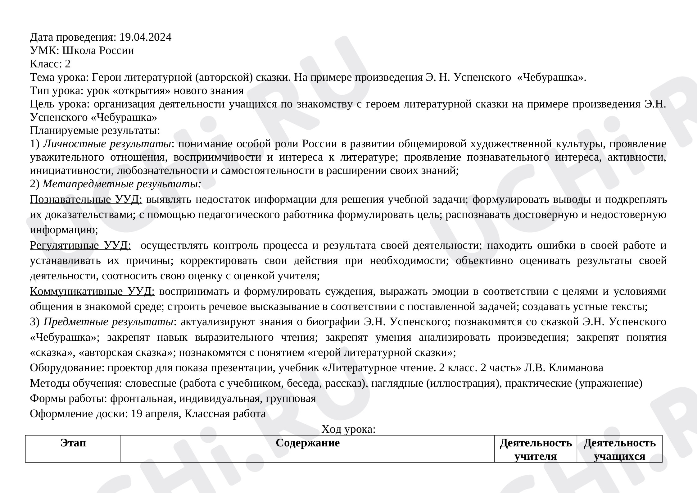Предпросмотр материала План урока по литературному чтению, Герои литературной (авторской) сказки. На примере произведения Э. Н. Успенского  «Чебурашка».