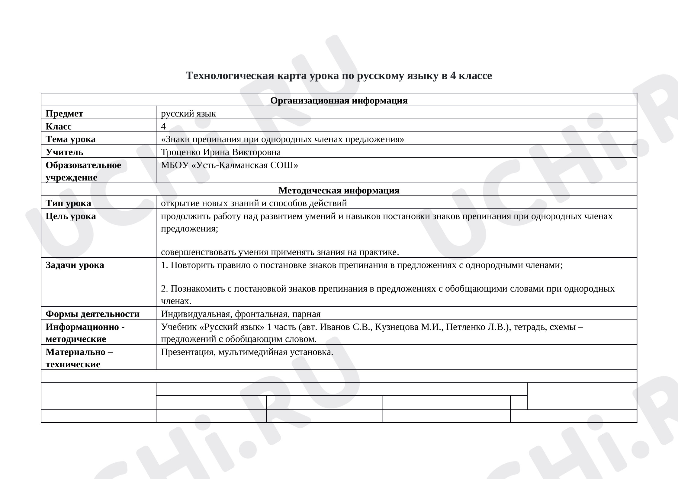 Предпросмотр материала Технологическая карта урока по русскому языку.