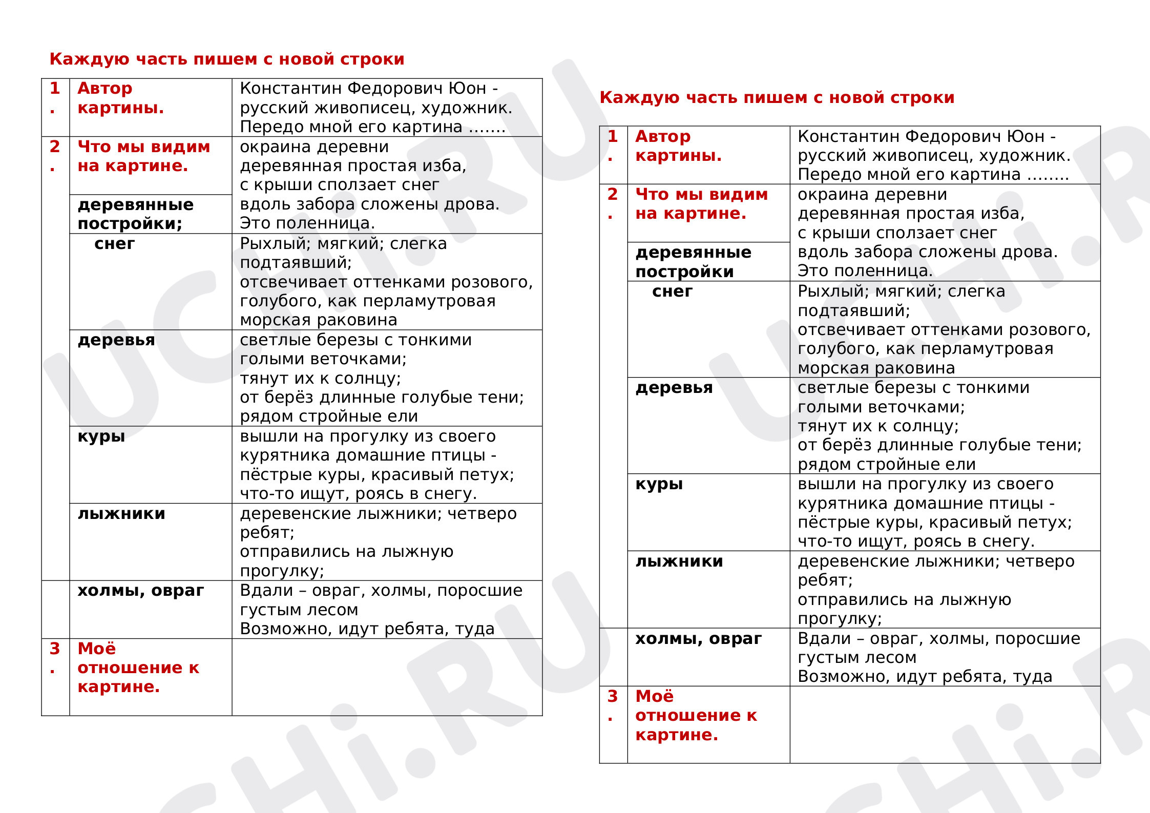 Предпросмотр материала Карточка: план+опорные слова к сочинению К.Юона "Конец зимы. Полдень", 3 класс.