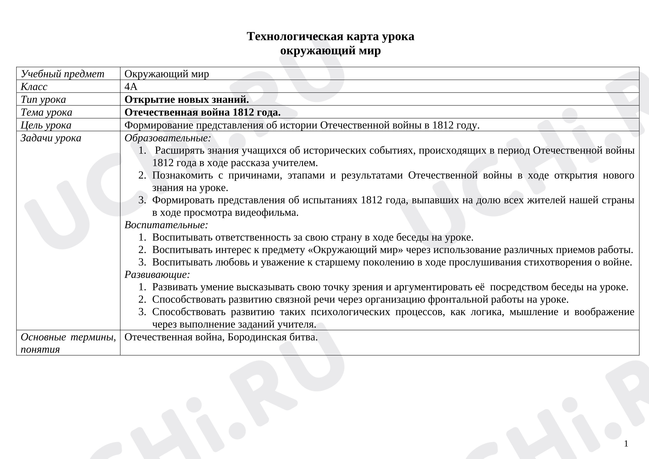 Предпросмотр материала План урока окружающего мира. Отечественная война 1812 года.