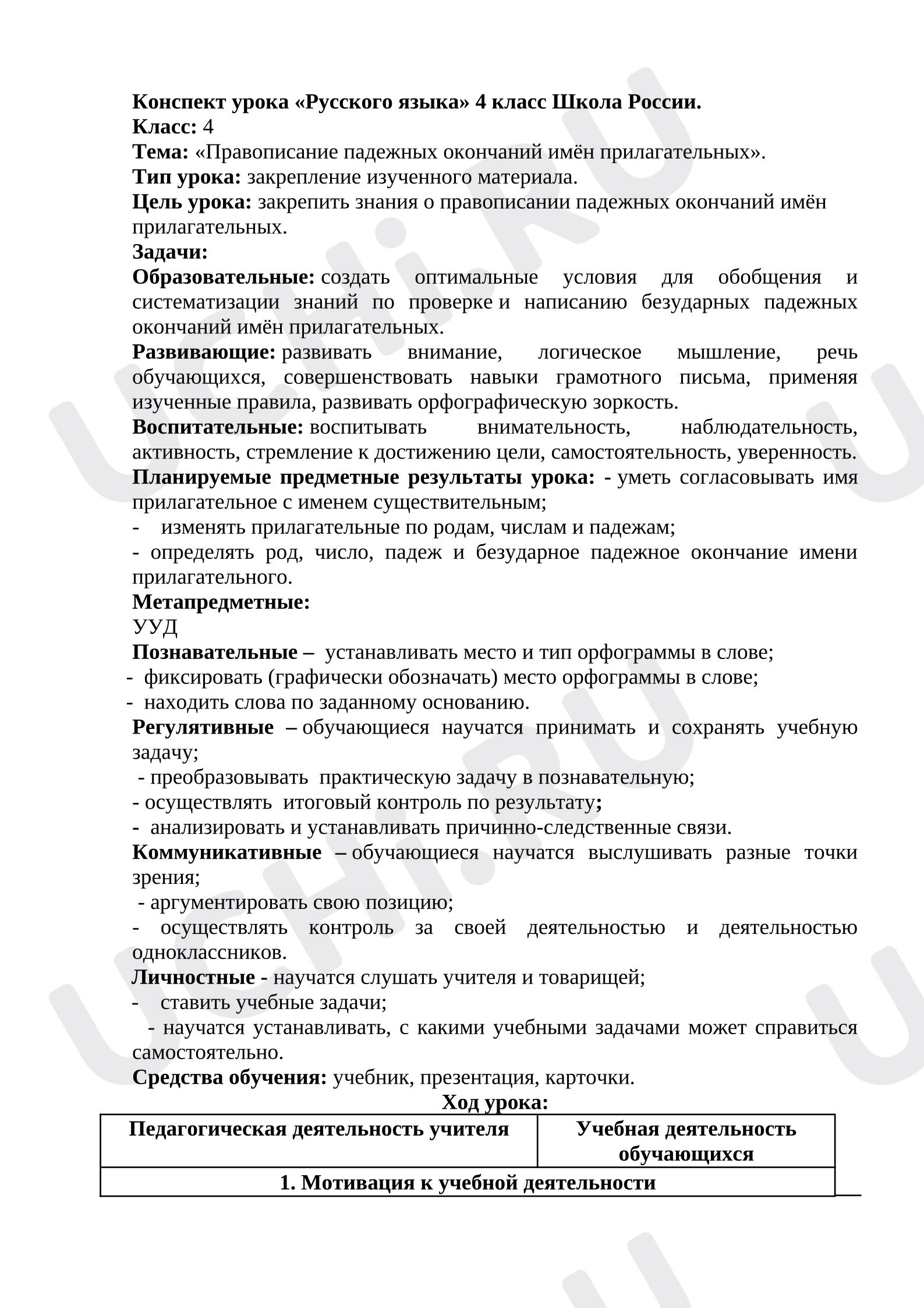 Предпросмотр материала Конспект урока русского языка. Правописание падежных окончаний имен прилагательных.