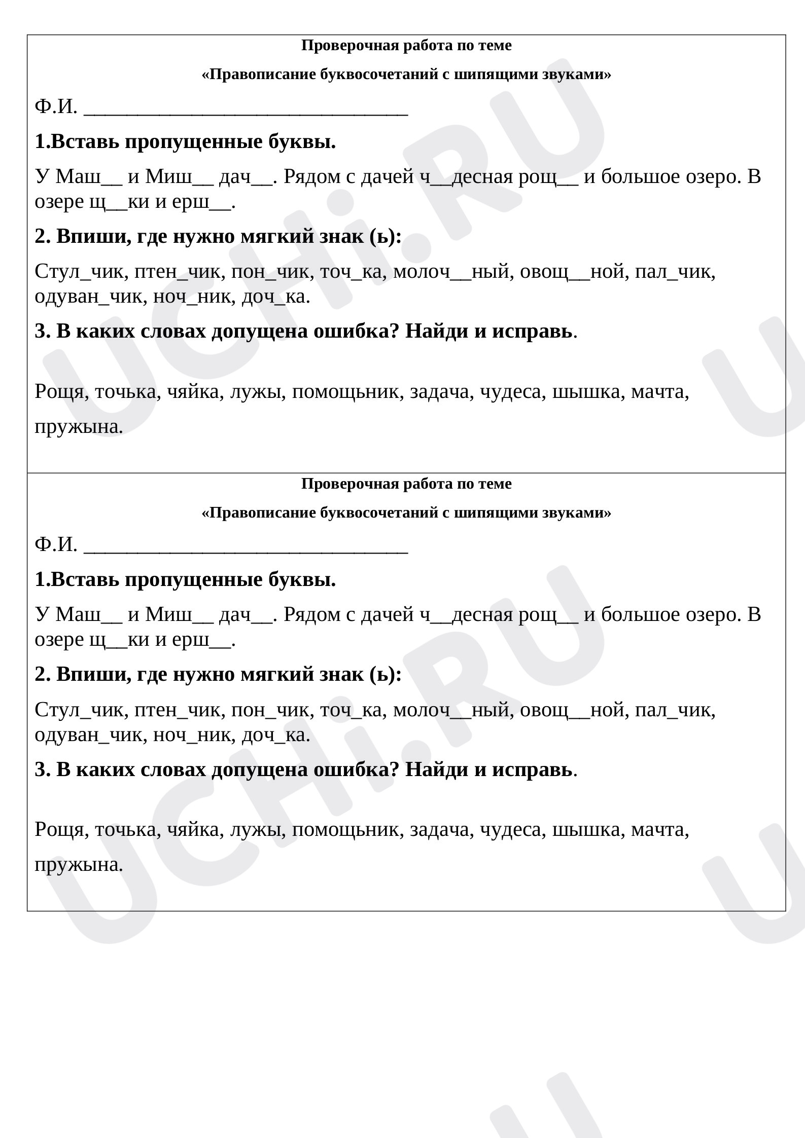 Предпросмотр материала Проверочная работа по русскому языку. Жи-ши ча-ща чу-щу.
