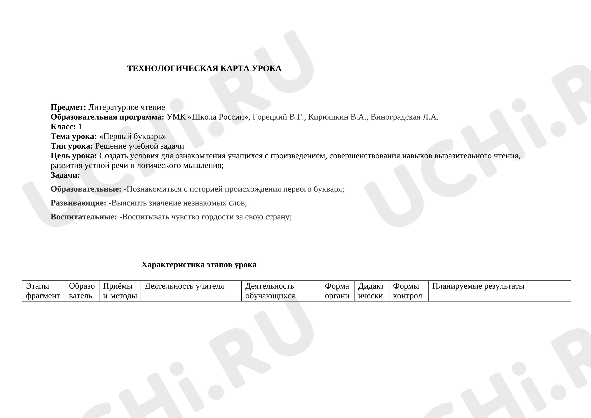 Предпросмотр материала План урока по теме: Первый букварь