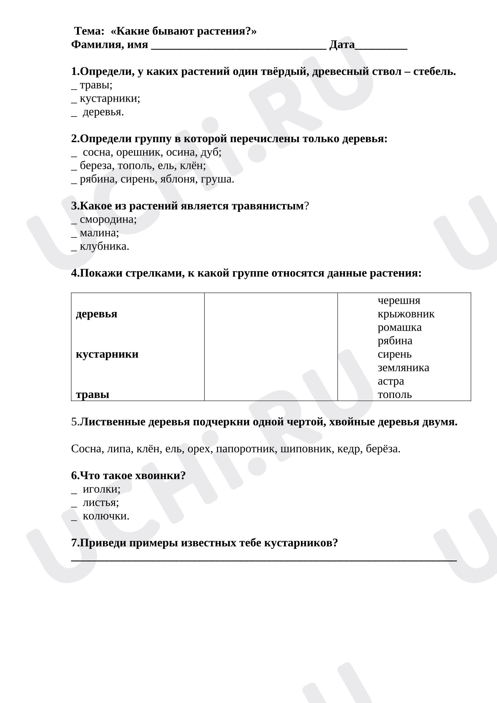 Предпросмотр материала Проверочная работа к уроку окружающего мира по теме "Растения".