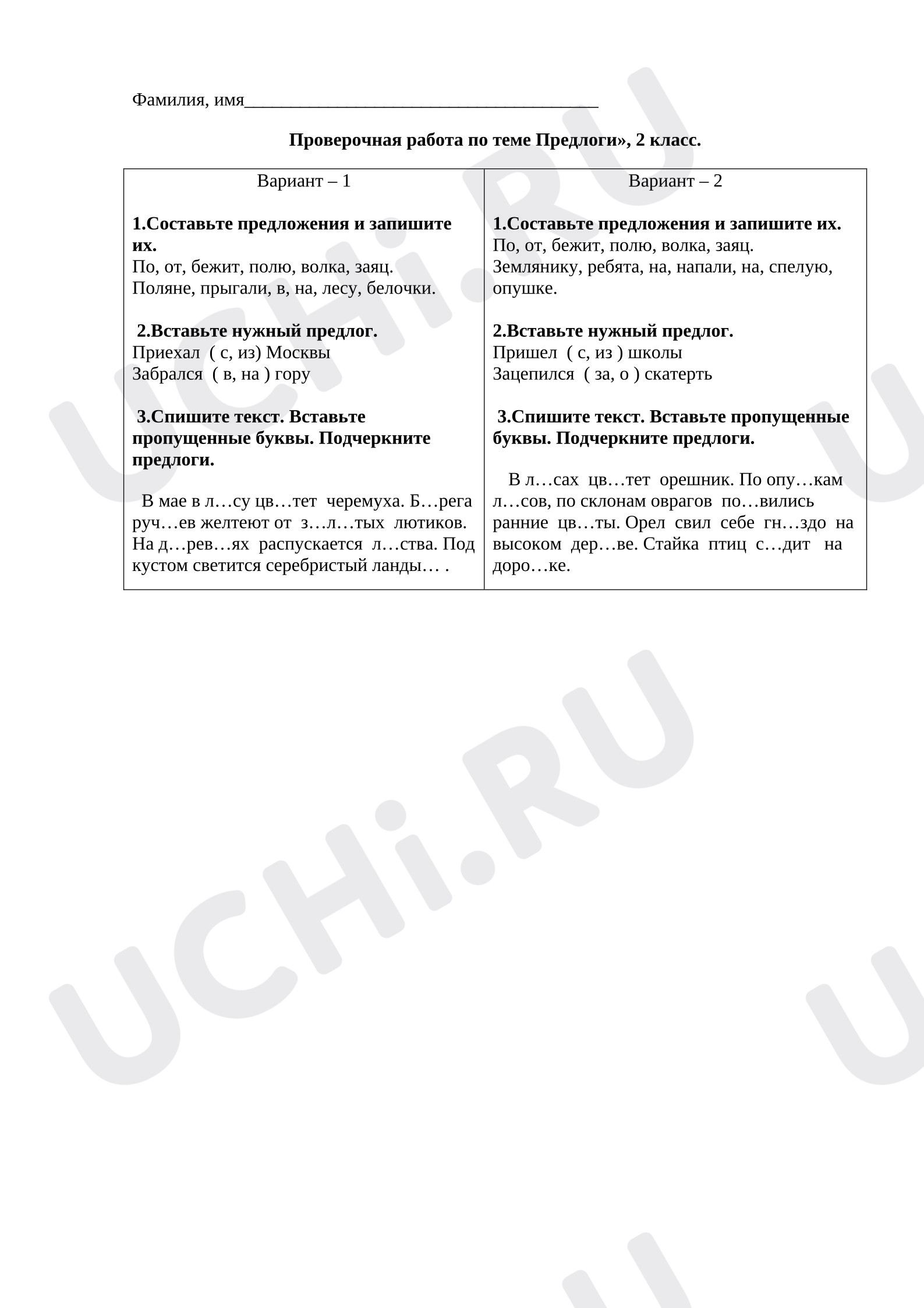 Предпросмотр материала Проверочная работа по русскому языку 2 класс по теме "Предлоги".