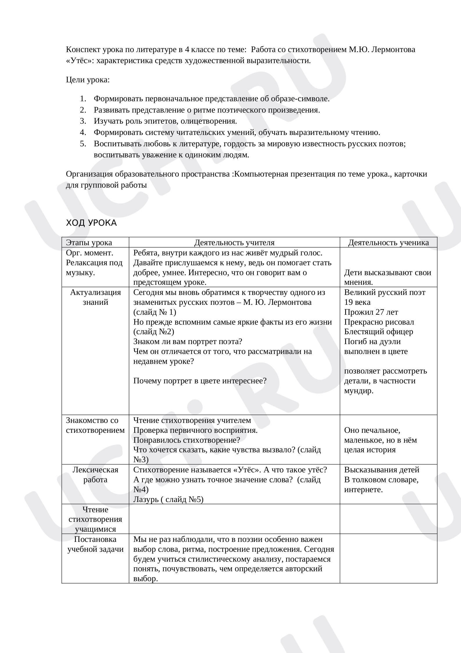 Предпросмотр материала План конспект урока в 4 классе по литературному чтению по стихотворению "Утёс"