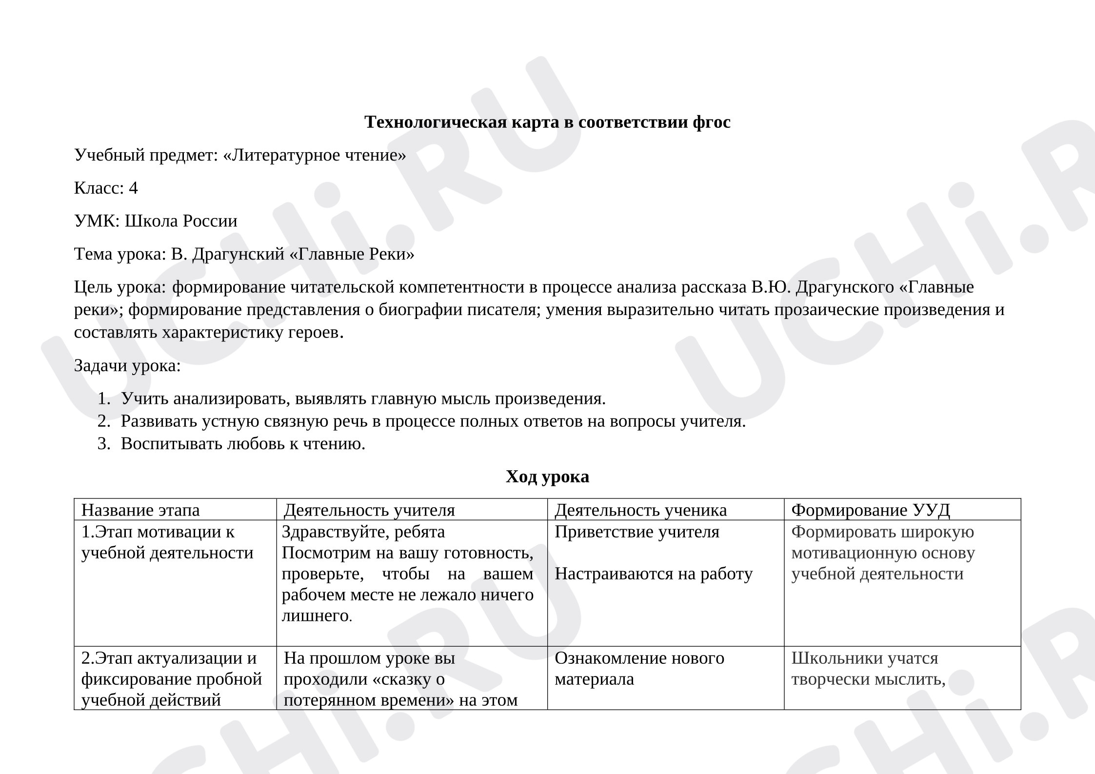 Предпросмотр материала План урока литературного чтения В. Драгунский «Главные реки»