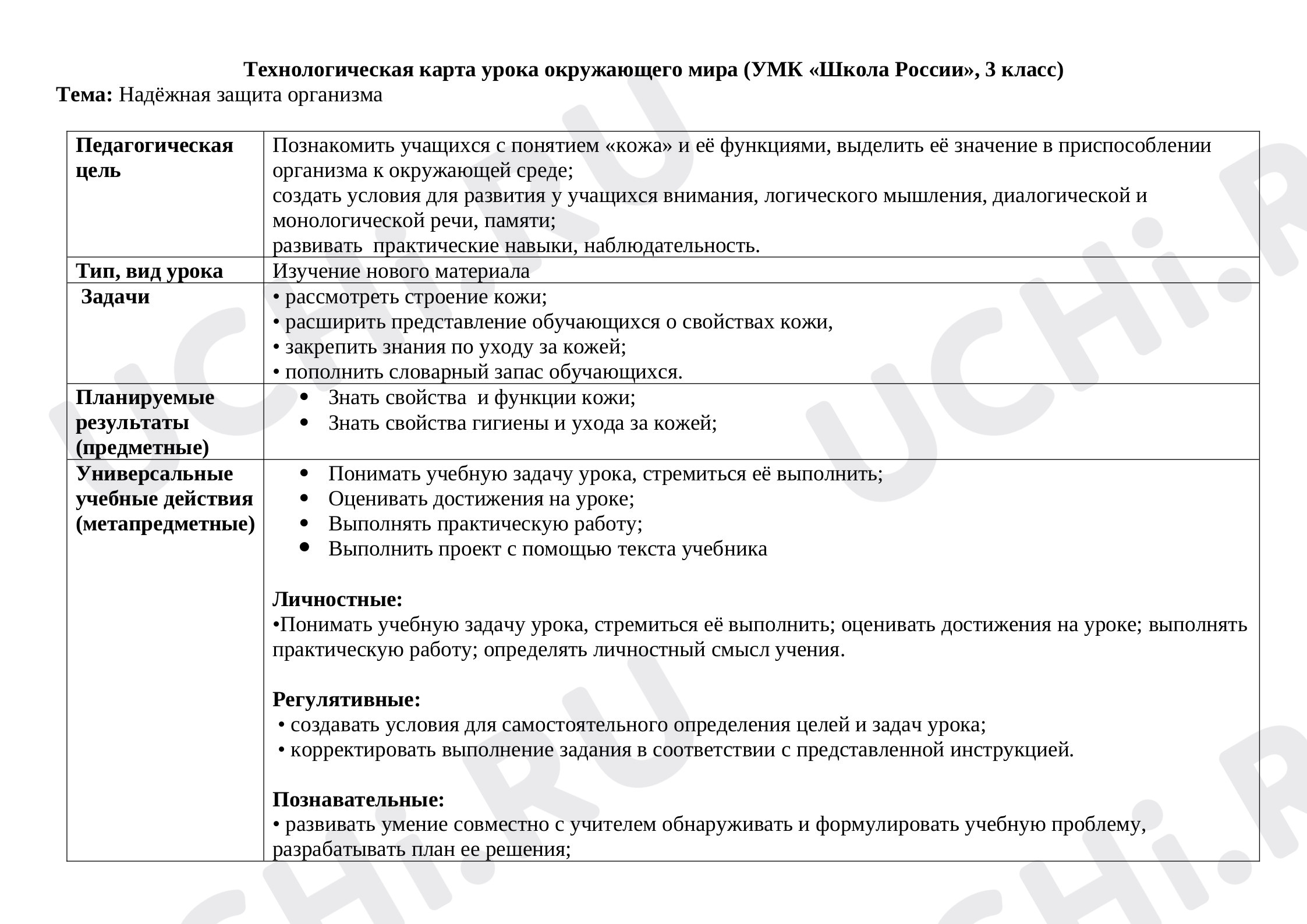 Предпросмотр материала Технологическая карта урока окружающего мира. Надёжная защита организма.