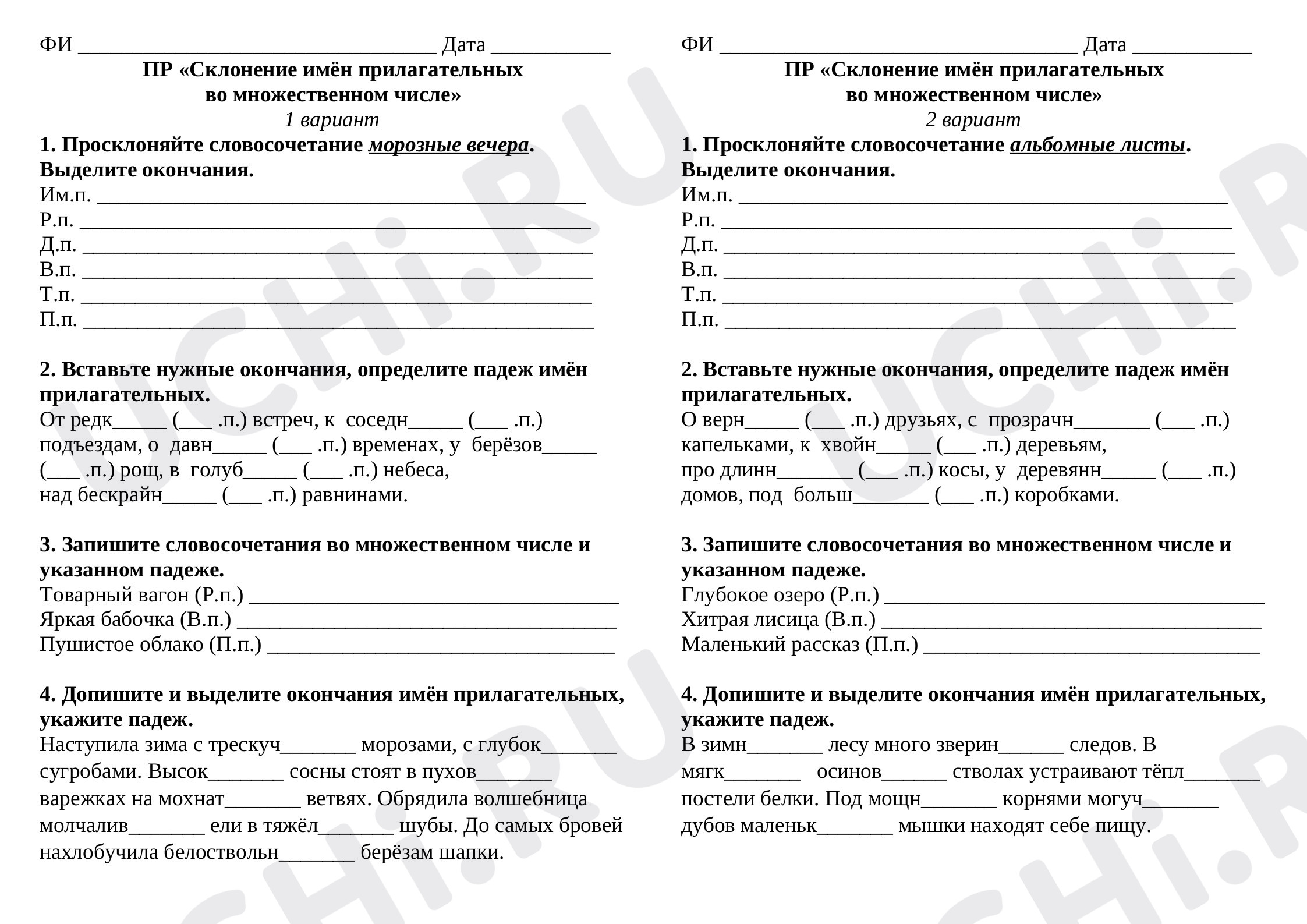 Предпросмотр материала Проверочная работа к уроку русского языка по теме:  "Склонение имен прилагательных во множественном числе".