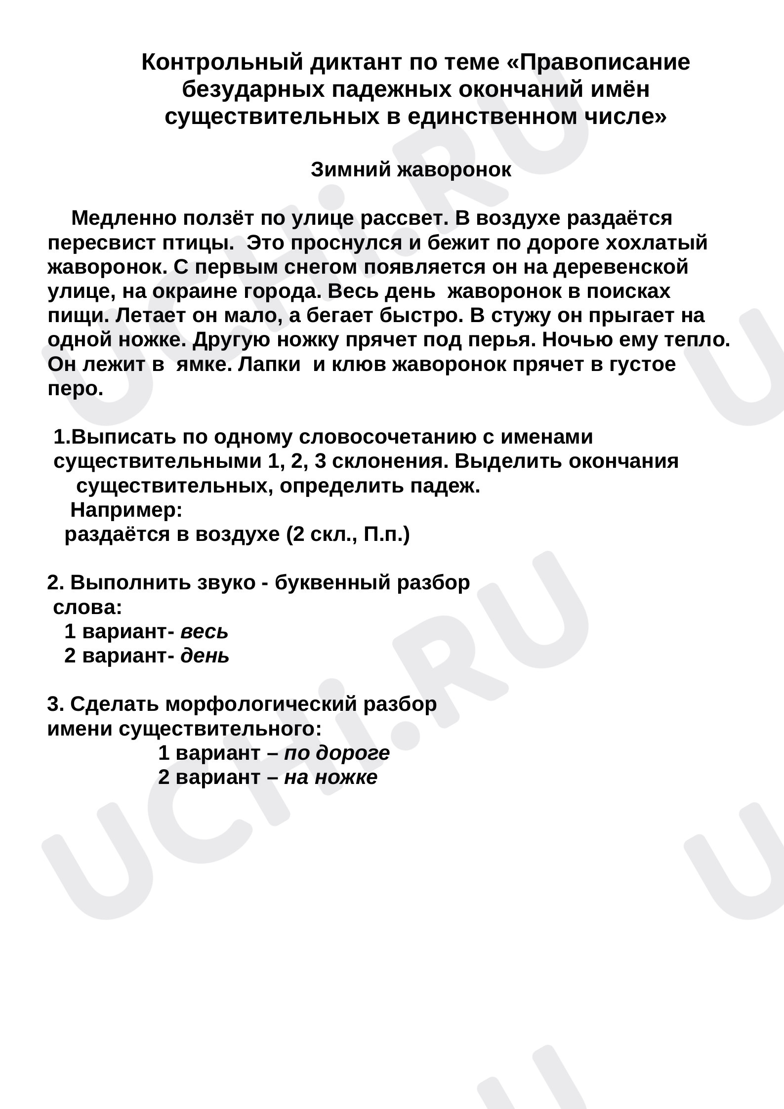 Предпросмотр материала Контрольный диктант по теме "Правописание безударных падежных окончаний имен существительных в единственном числе"