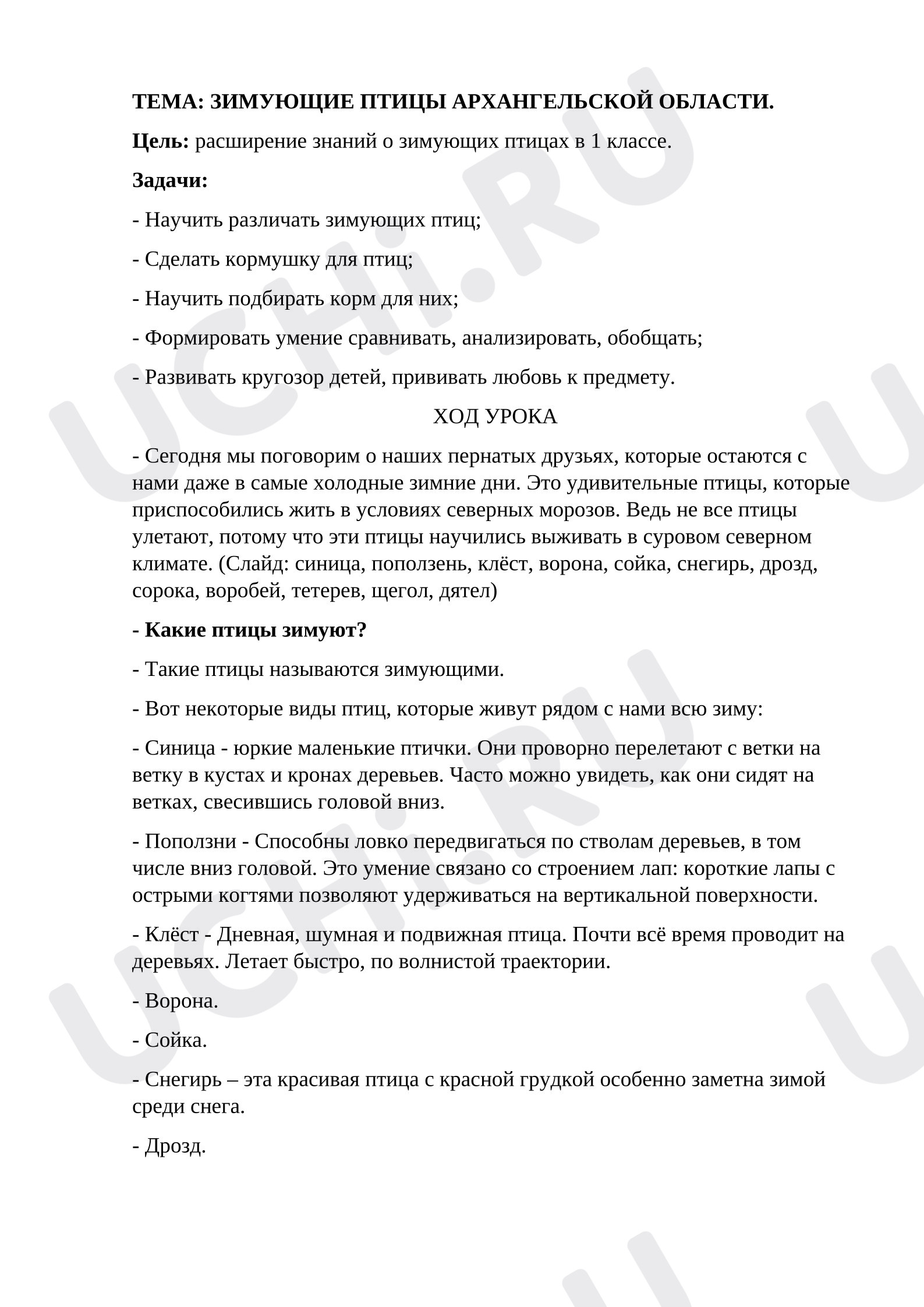 Предпросмотр материала План занятия «Зимующие птицы Архангельской области».