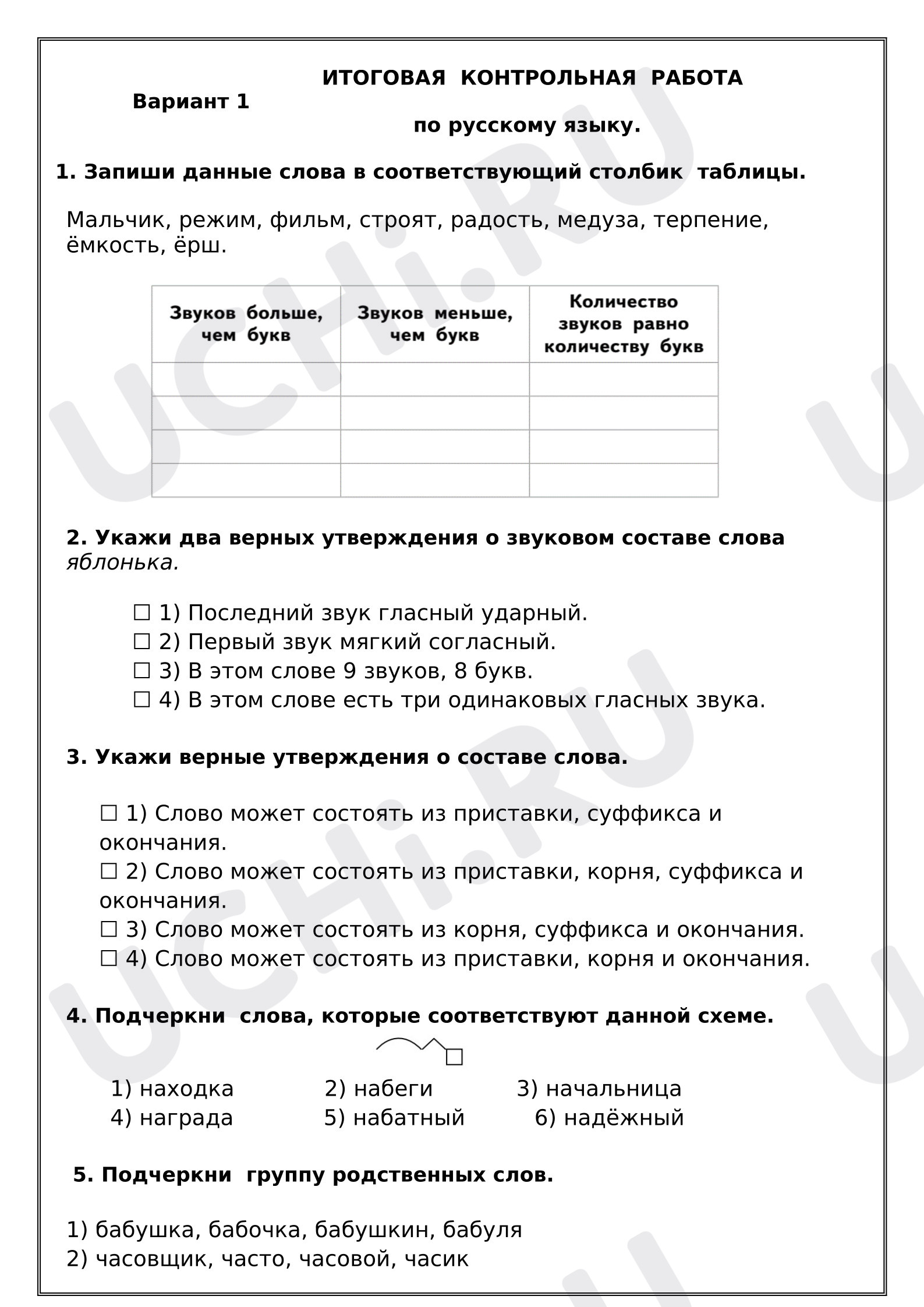 Предпросмотр материала Итоговая контрольная работа по русскому языку. 1 вариант