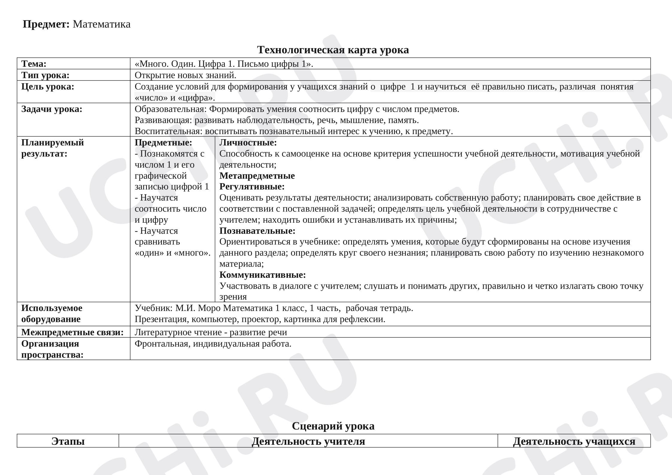 Предпросмотр материала Конспект урока математики. «Много. Один. Цифра 1. Письмо цифры 1».