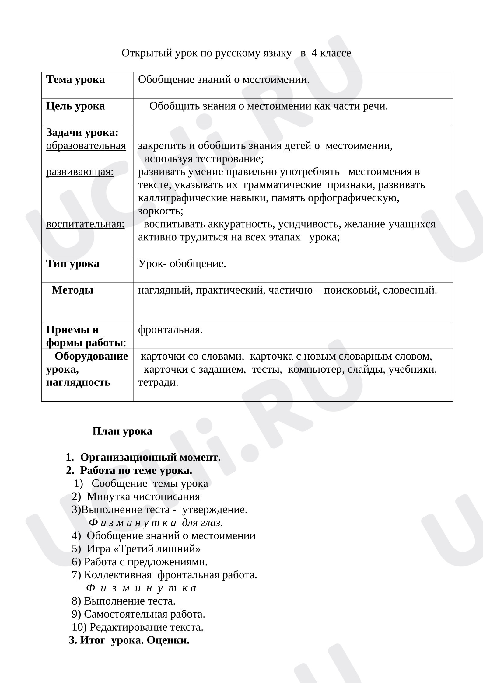 Предпросмотр материала Конспект. Урок русского языка. Обобщение темы "Местоимение"