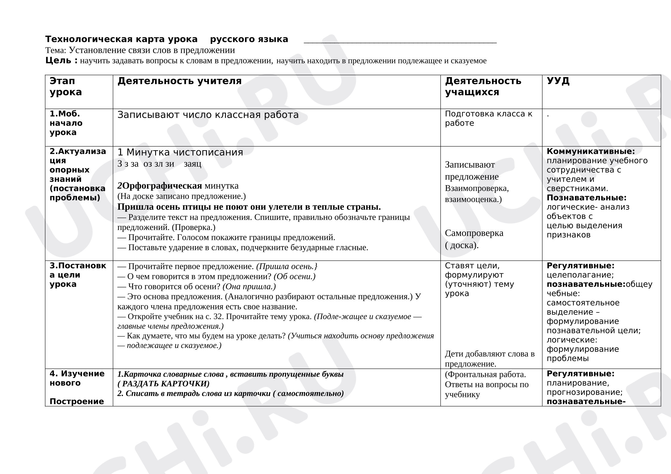 Предпросмотр материала Технологическая карта урока русского языка. Установление связи слов в предложении