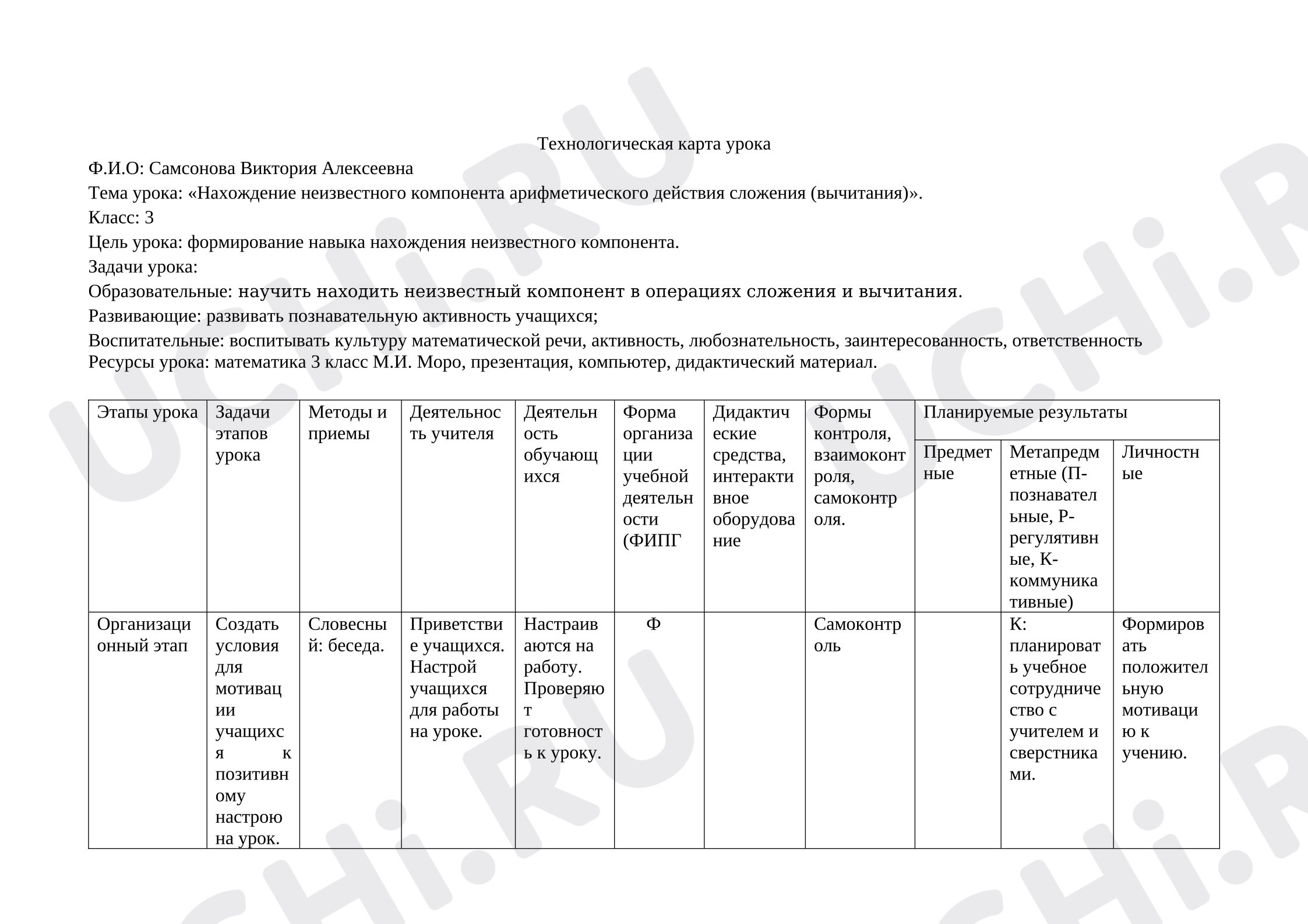 Предпросмотр материала План урока математики «Нахождение неизвестного компонента арифметического действия сложения (вычитания)».