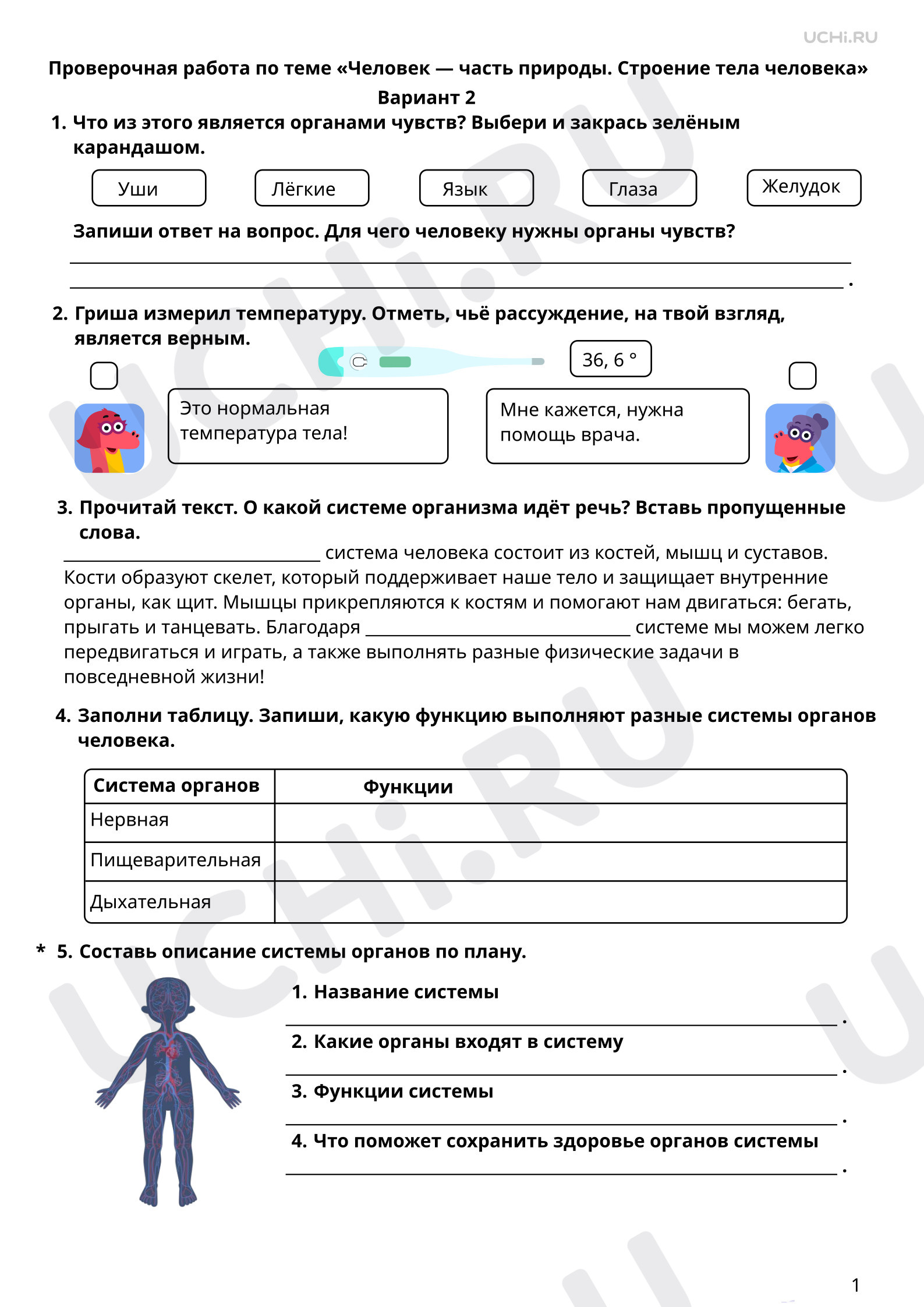 Окружающий мир, 3 класс, Проверочная работа по теме «Человек — часть природы. Строение тела человека», Окружающий мир, 3 класс, 2 вариант.pdf