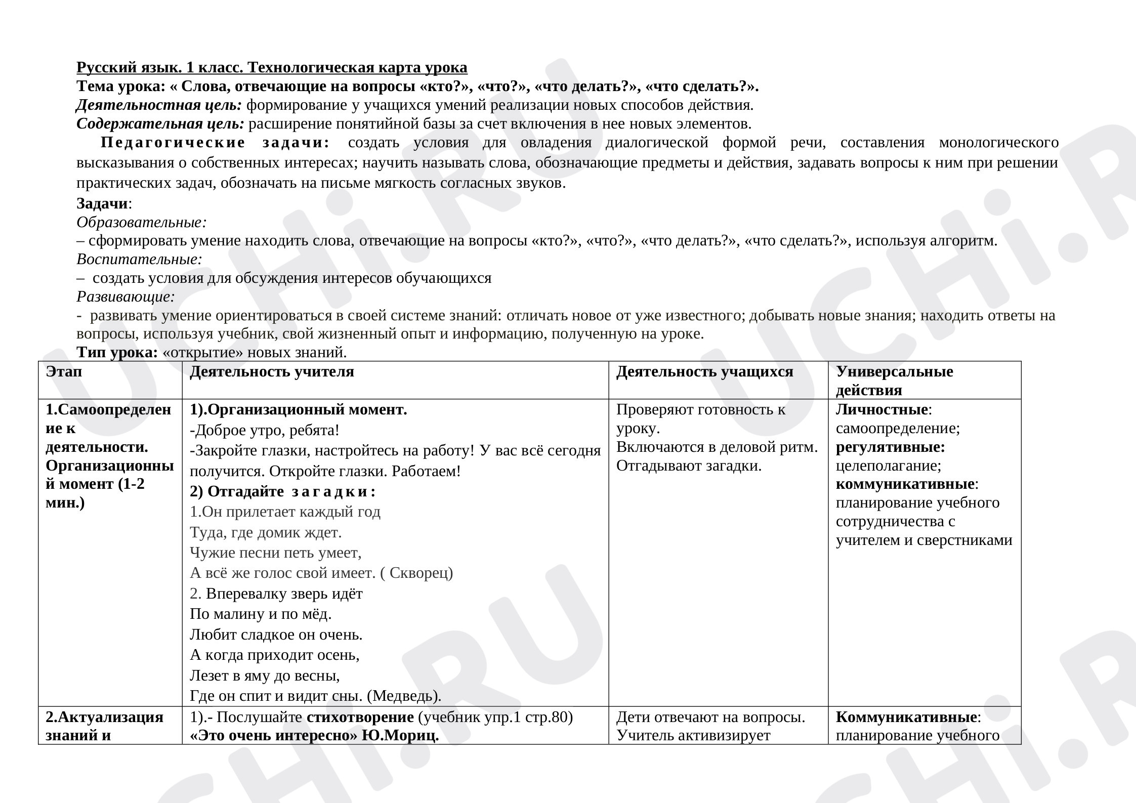 Предпросмотр материала Технологическая карта урока русского языка «Слова, отвечающие на вопросы «кто?», «что?», «что делать?», «что сделать?».