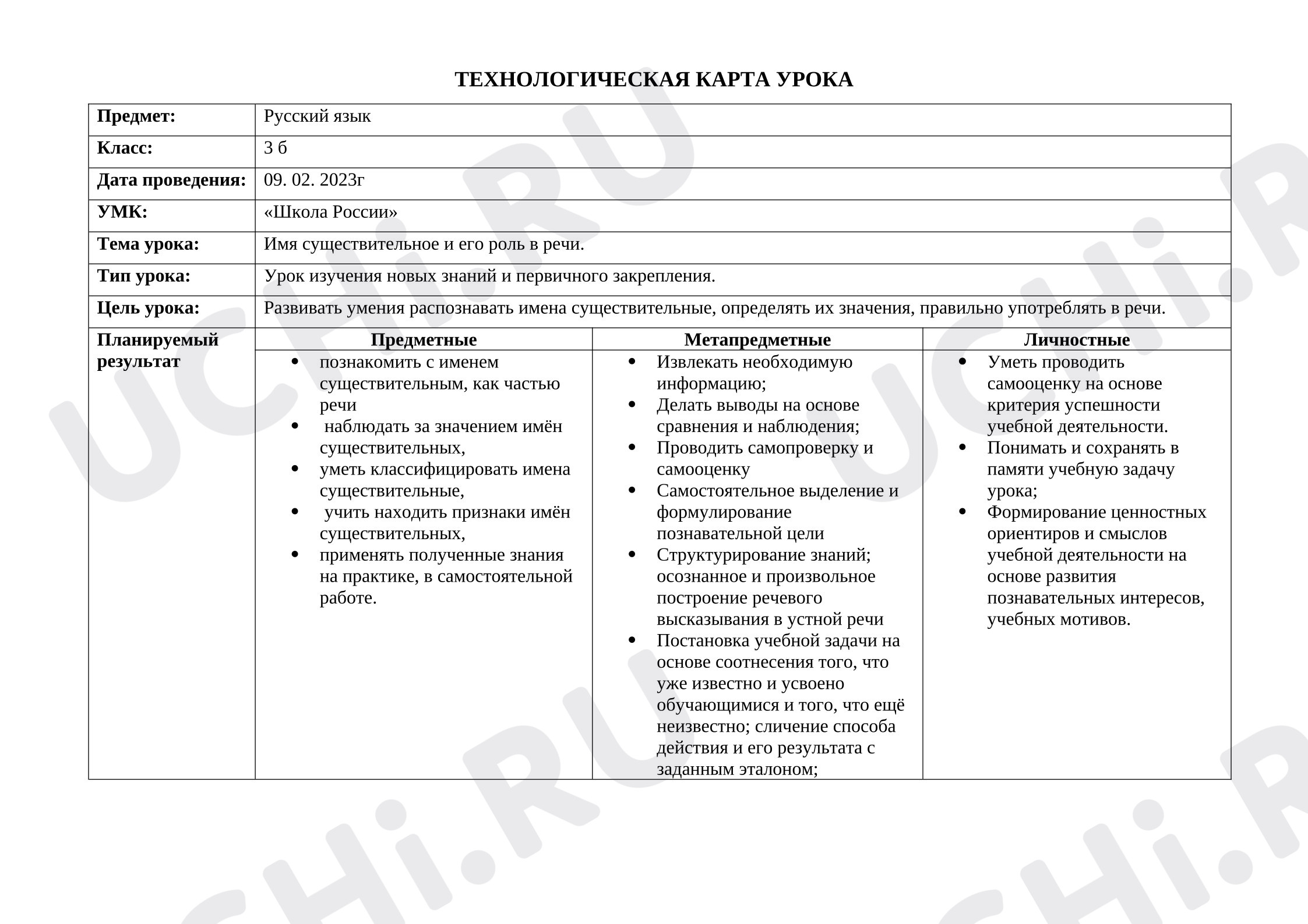 Предпросмотр материала Конспект урока русского языка. Имя существительное.
