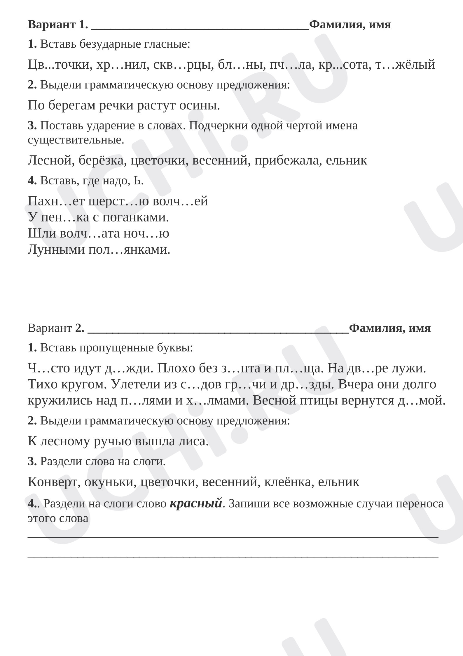 Предпросмотр материала Проверочная работа к уроку русского языка по вариантам.