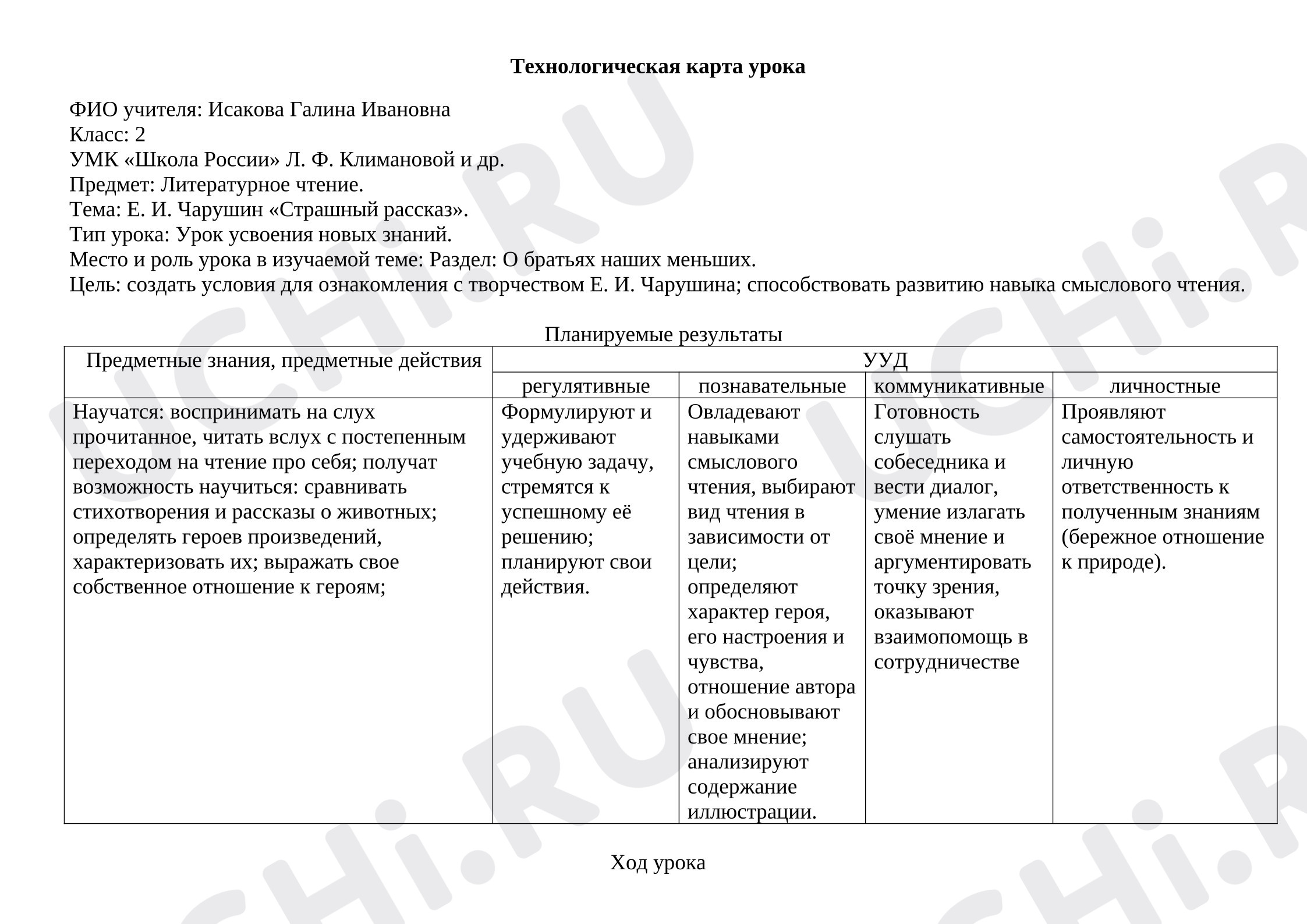 Предпросмотр материала План урока по литературному чтению. Чарушин, Страшный рассказ.