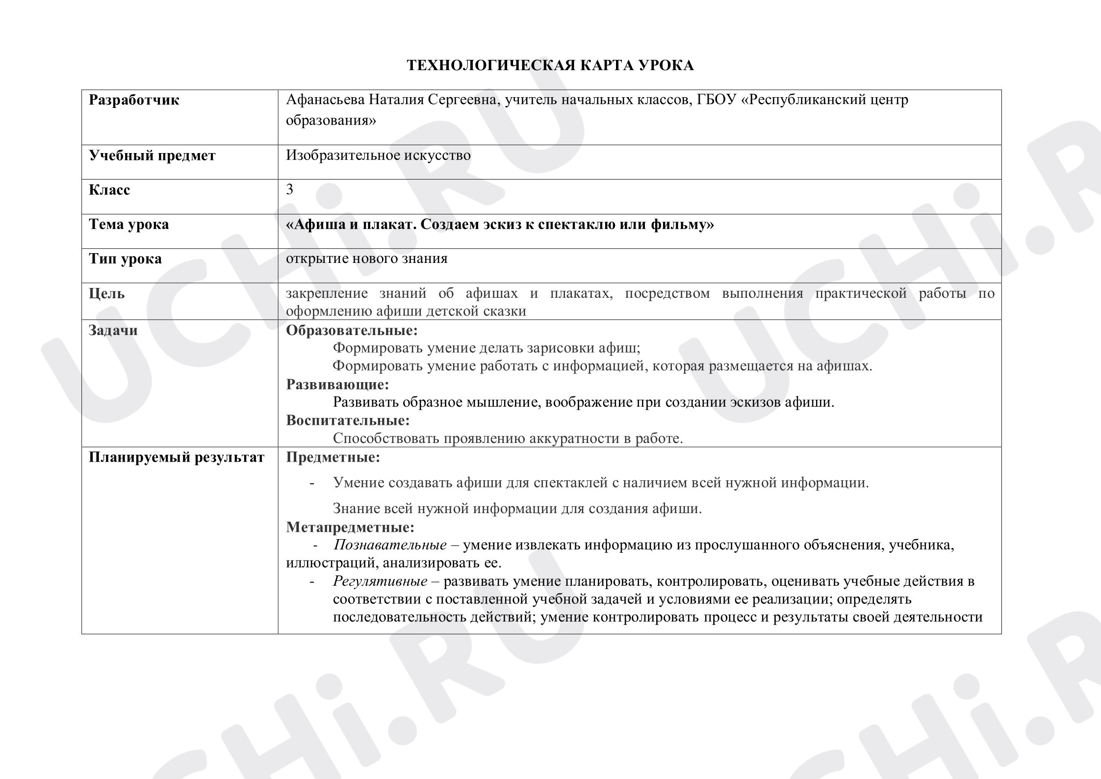 Предпросмотр материала Технологическая карта урока по изобразительному искусству. Афиша и плакат.