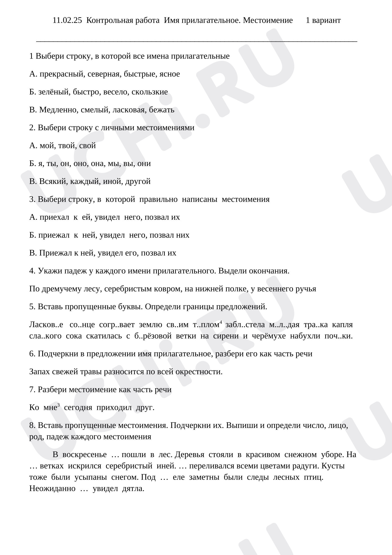 Предпросмотр материала Самостоятельная работа к уроку русского языка по теме «Имя прилагательное. Местоимение»