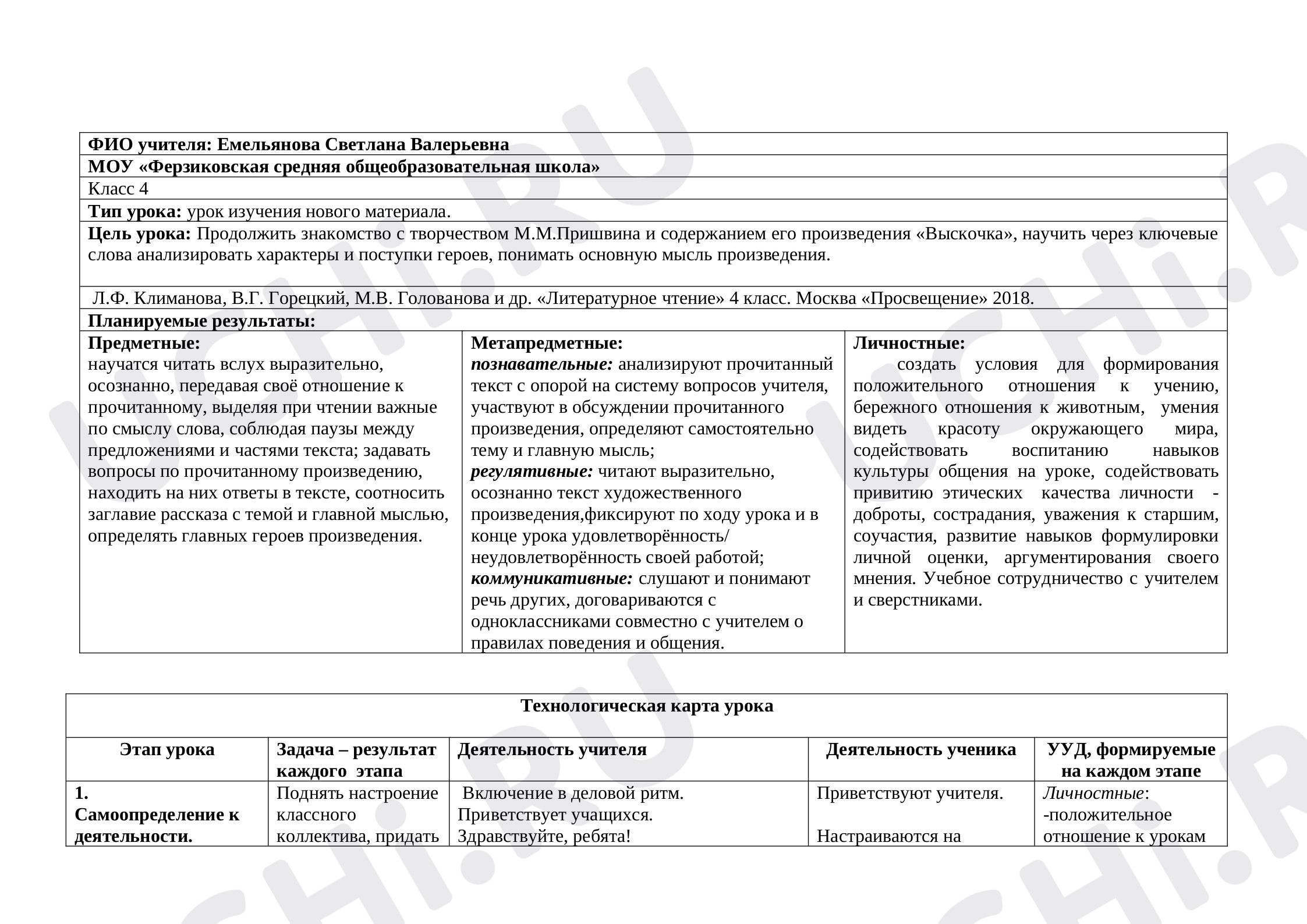 Предпросмотр материала Урок литературного чтения в 4 классе по теме: "М.М.Пришвин "Выскочка"