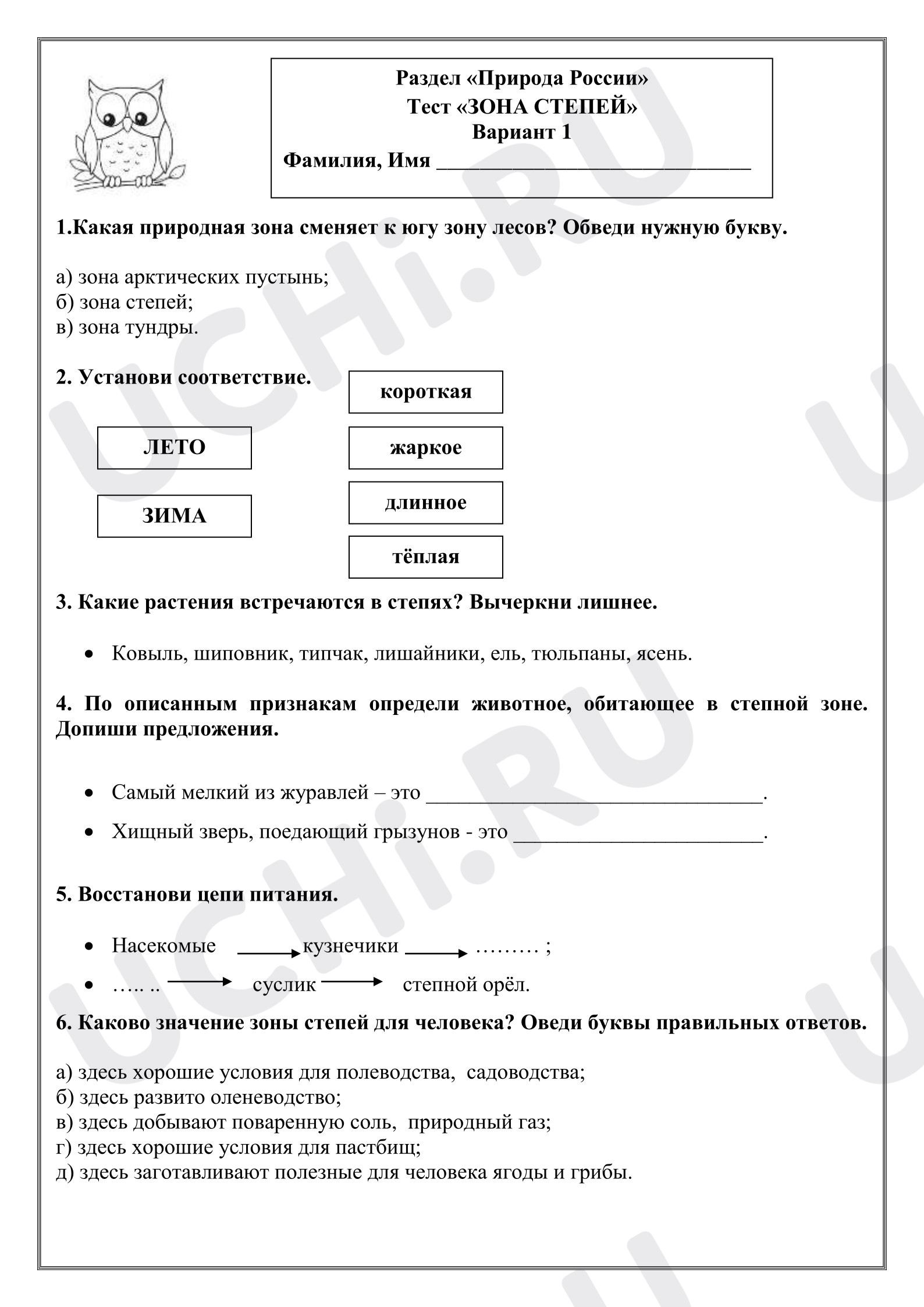 Предпросмотр материала Проверочная работа к уроку окружающего мира. Тест "Зона степей"