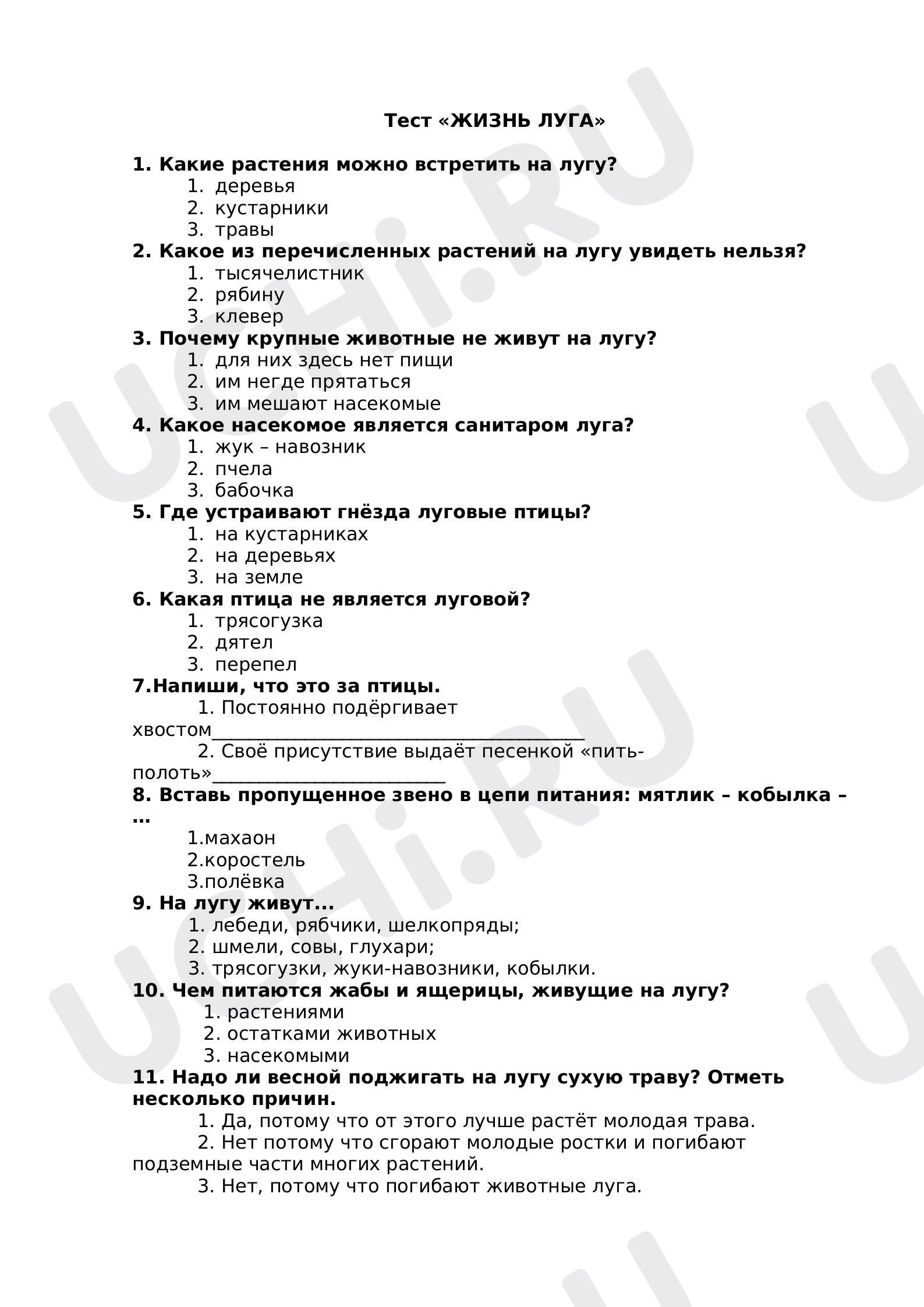 Предпросмотр материала Тест к уроку окружающего мира «Жизнь луга», 4 класс