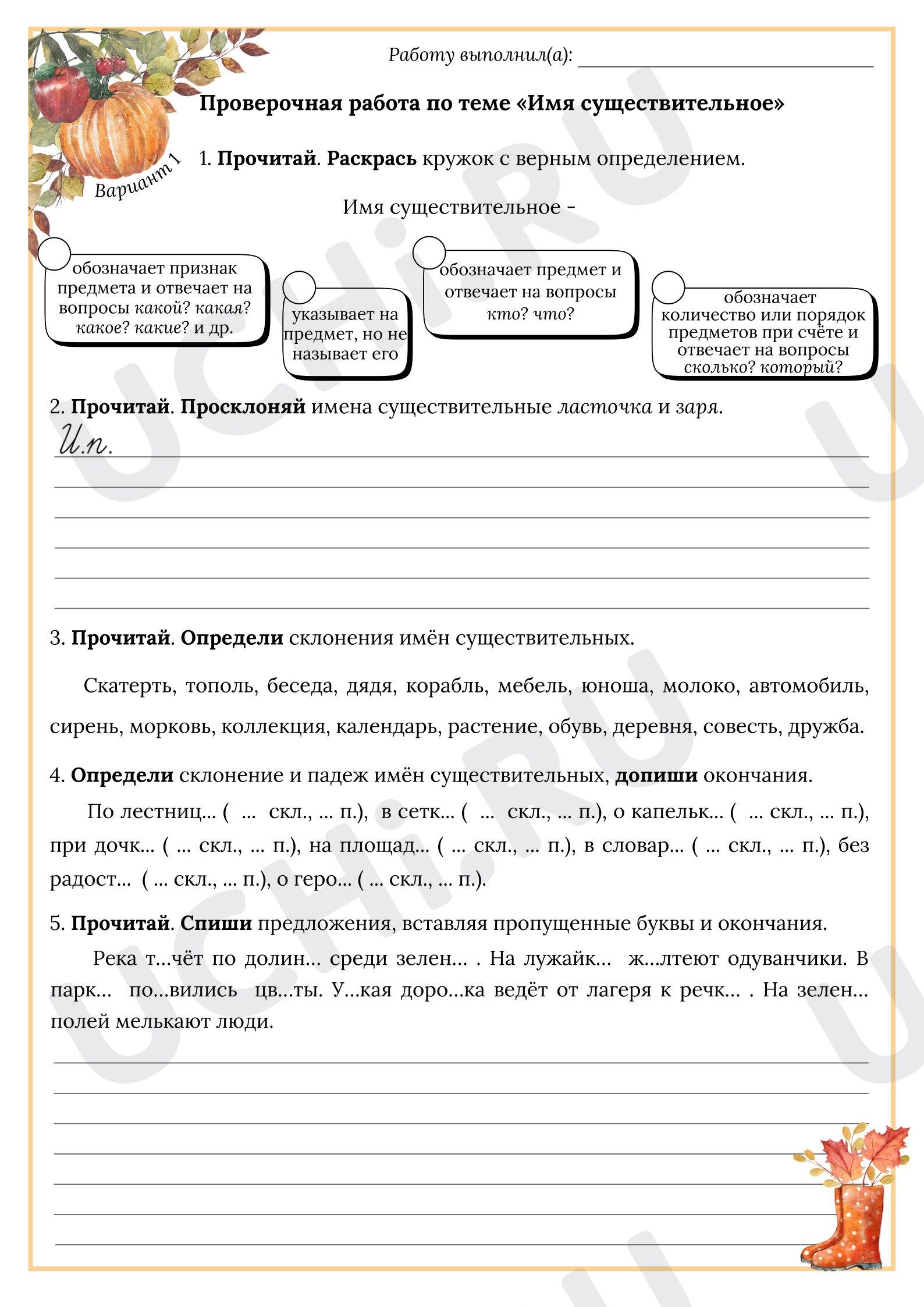 Предпросмотр материала Проверочная работа к уроку русского языка. Имя существительное.