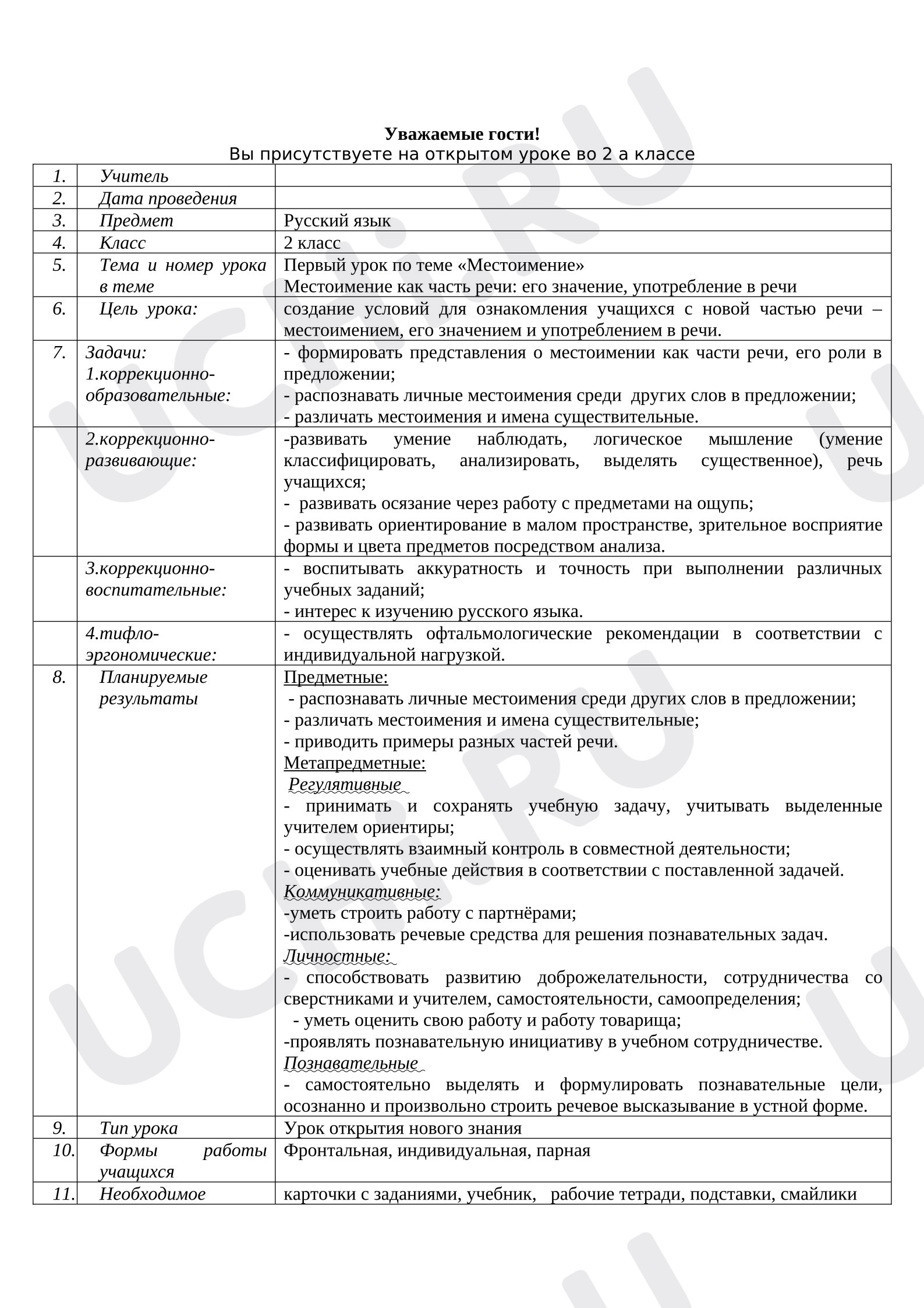 Предпросмотр материала План урока русского языка. Местоимение.
